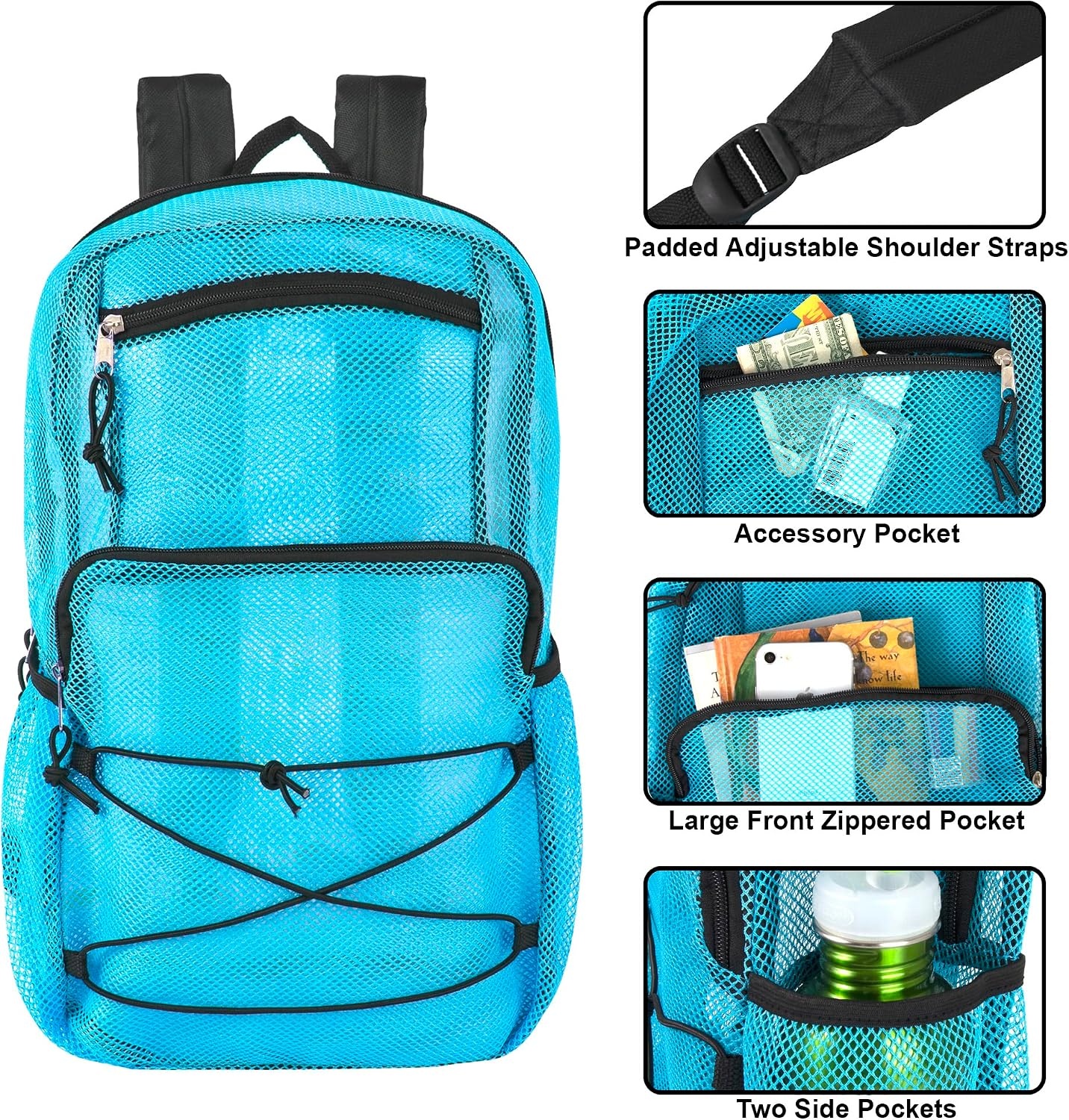 Trail maker Deluxe See Through Mesh Backpack with Bungee Cord & Adjustable Padded Straps for Swimming, Travel (Aqua)(Aqua)