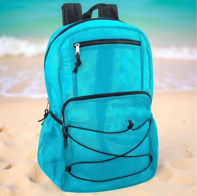 Trail maker Deluxe See Through Mesh Backpack with Bungee Cord & Adjustable Padded Straps for Swimming, Travel (Aqua)(Aqua)