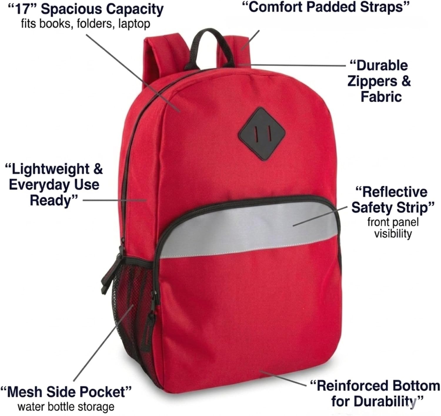 Trail maker 17″ Backpack – Reflective School Backpack with Padded Straps, Water Bottle Pockets for Kids & Adults, School Travel Camp (Green)(Red)