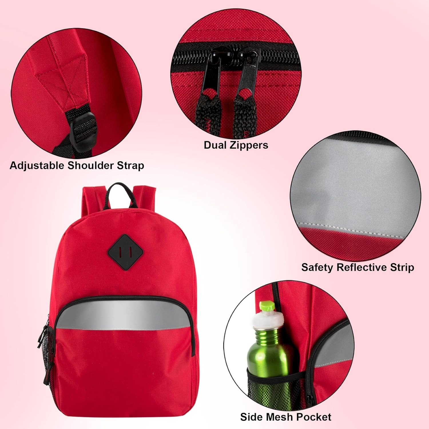 Trail maker 17″ Backpack – Reflective School Backpack with Padded Straps, Water Bottle Pockets for Kids & Adults, School Travel Camp (Green)(Red)