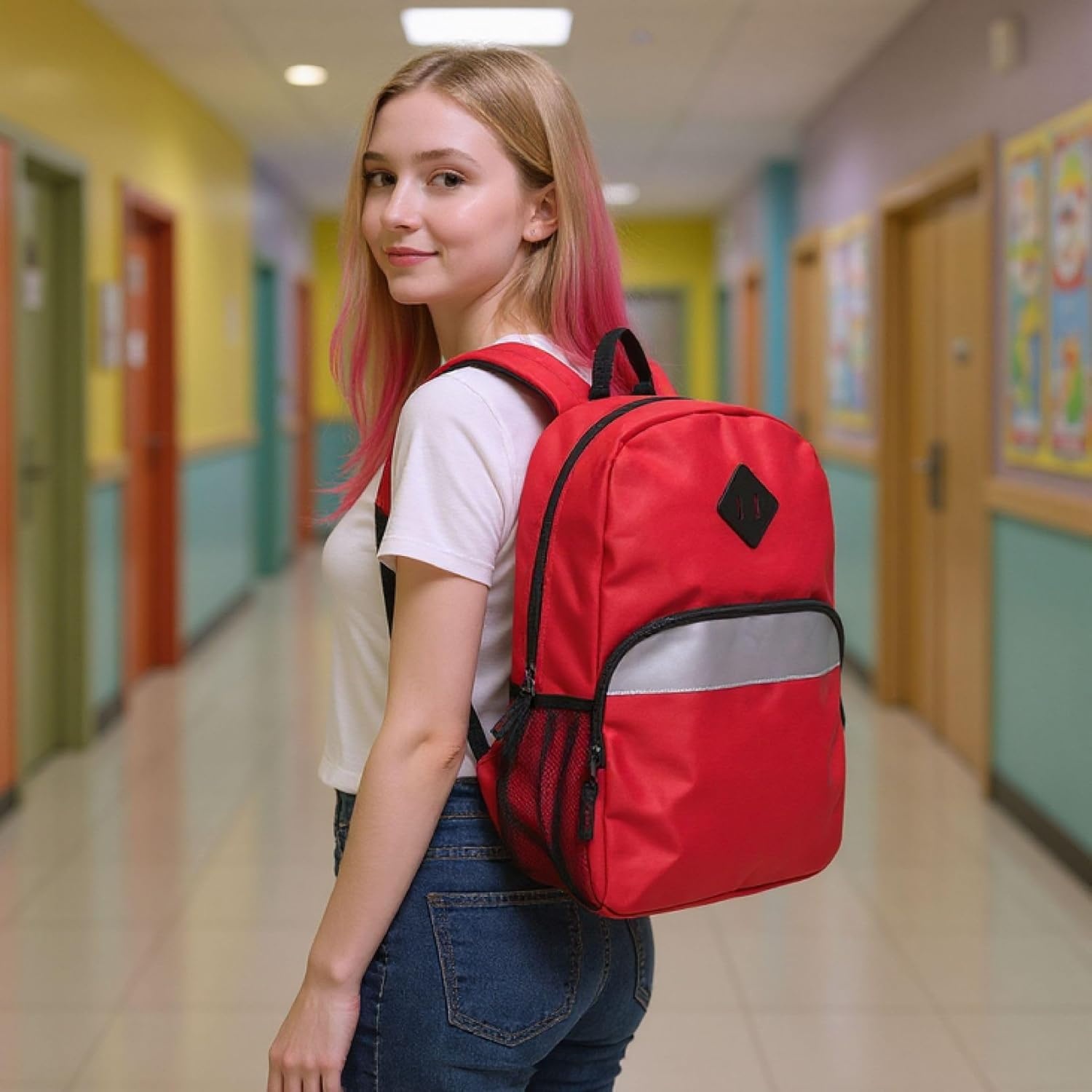 Trail maker 17″ Backpack – Reflective School Backpack with Padded Straps, Water Bottle Pockets for Kids & Adults, School Travel Camp (Green)(Red)
