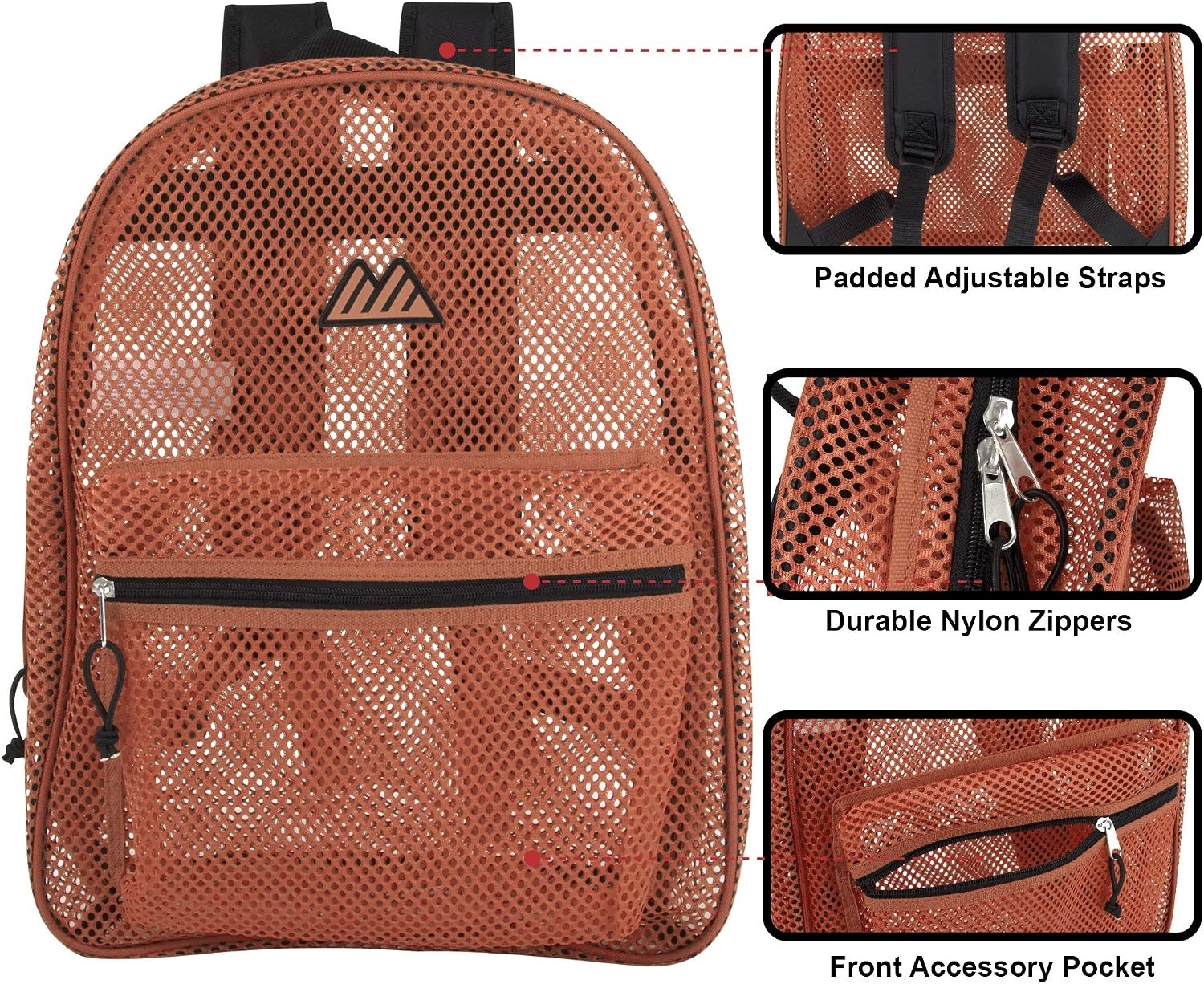 Summit Ridge Mesh Backpacks for Kids, Adults, School, Beach, and Travel, Colorful Transparent Mesh Backpacks with Padded Straps(Peach)