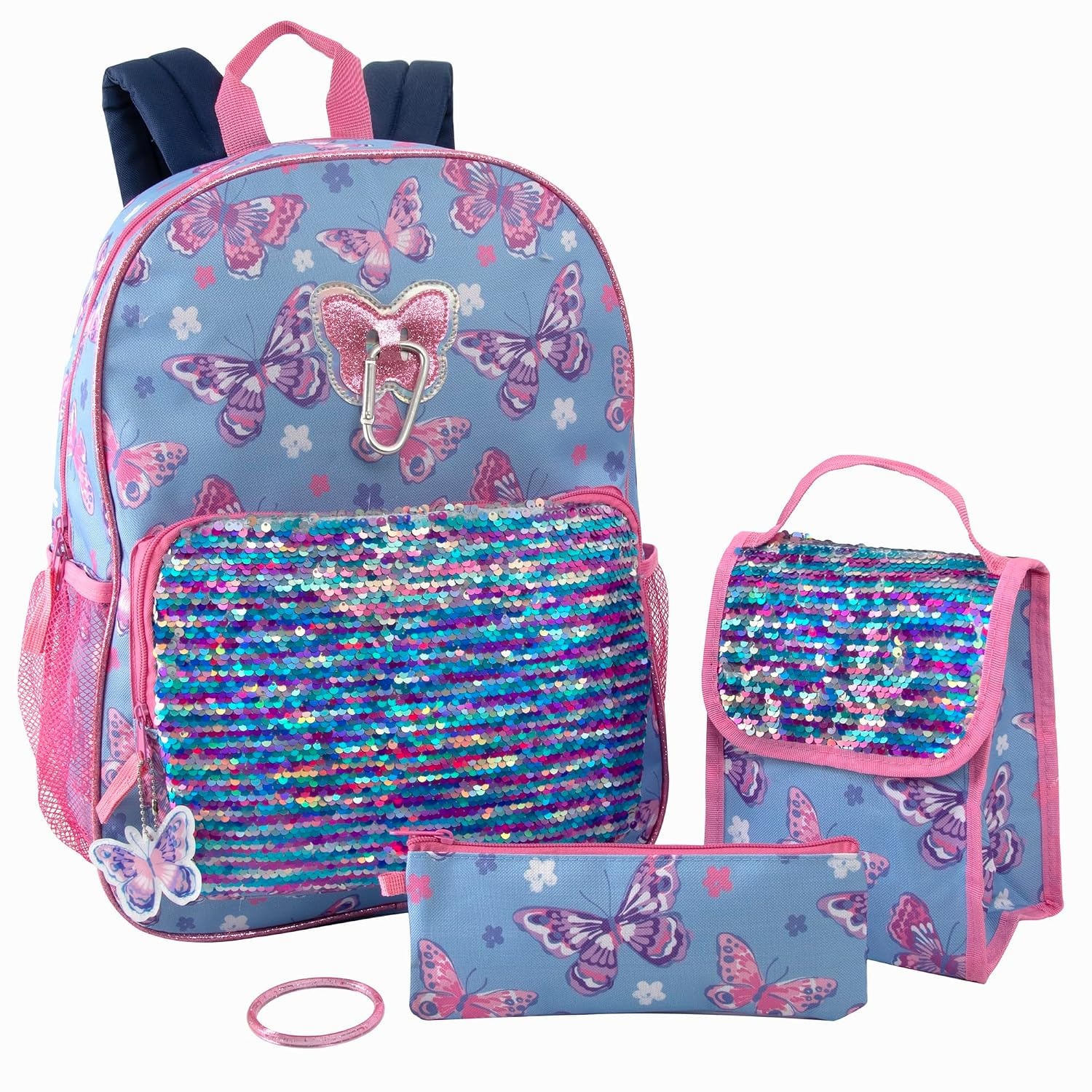 Trail maker 16.5 Inch Boys School Backpack 6 in 1 Set with Lunch Bag, Pencil Case, Tech Pouch, Keychain, Carabiner Clip Attached (Ready Player) for Travel, Commute(Sequins & Butterflies)