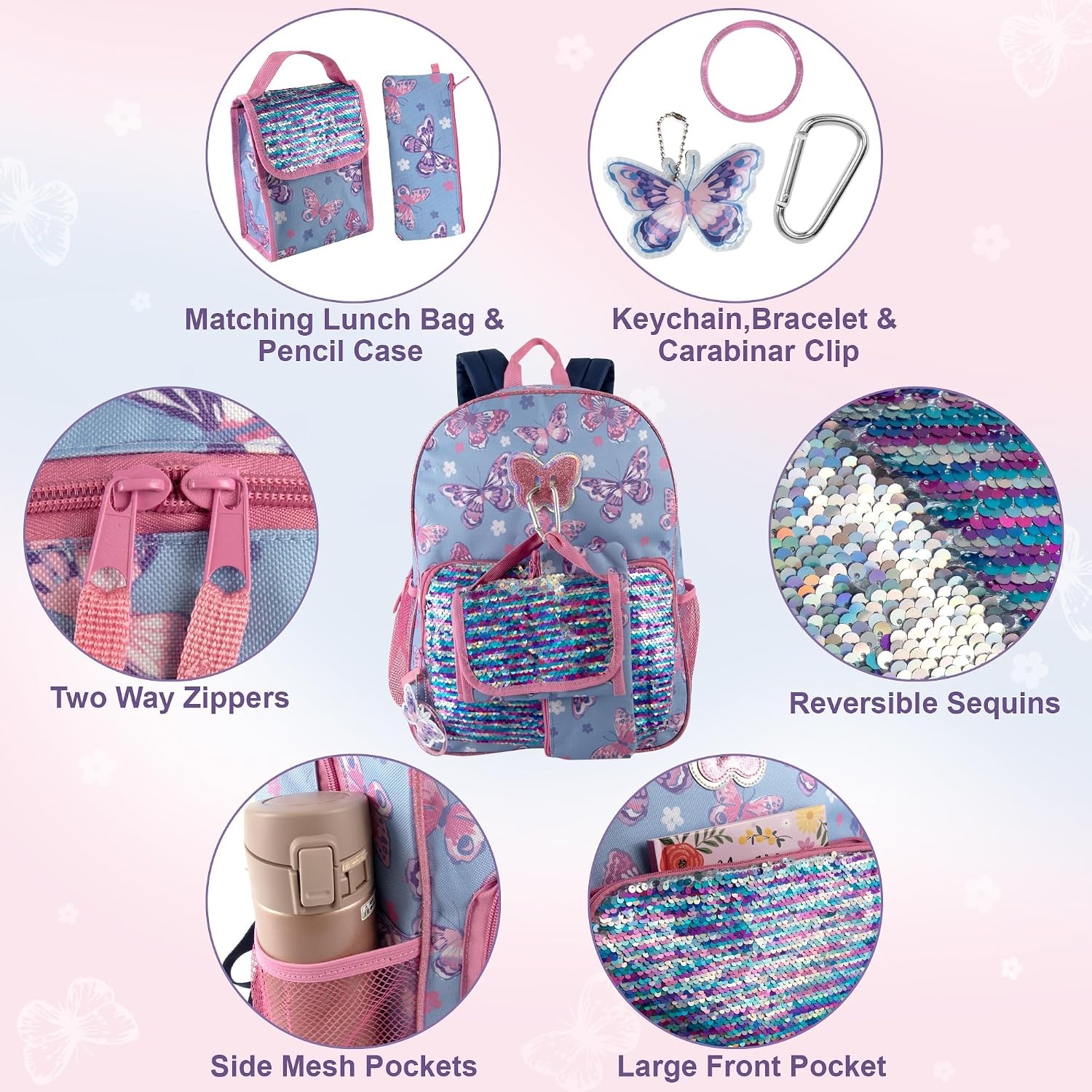Trail maker 16.5 Inch Boys School Backpack 6 in 1 Set with Lunch Bag, Pencil Case, Tech Pouch, Keychain, Carabiner Clip Attached (Ready Player) for Travel, Commute(Sequins & Butterflies)