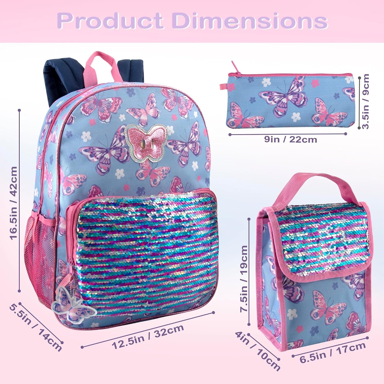 Trail maker 16.5 Inch Boys School Backpack 6 in 1 Set with Lunch Bag, Pencil Case, Tech Pouch, Keychain, Carabiner Clip Attached (Ready Player) for Travel, Commute(Sequins & Butterflies)