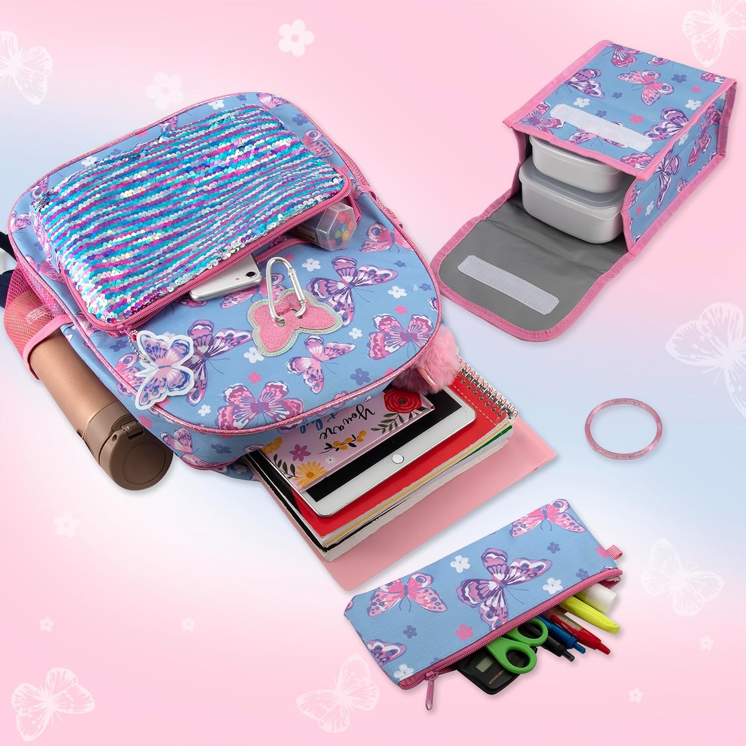 Trail maker 16.5 Inch Boys School Backpack 6 in 1 Set with Lunch Bag, Pencil Case, Tech Pouch, Keychain, Carabiner Clip Attached (Ready Player) for Travel, Commute(Sequins & Butterflies)