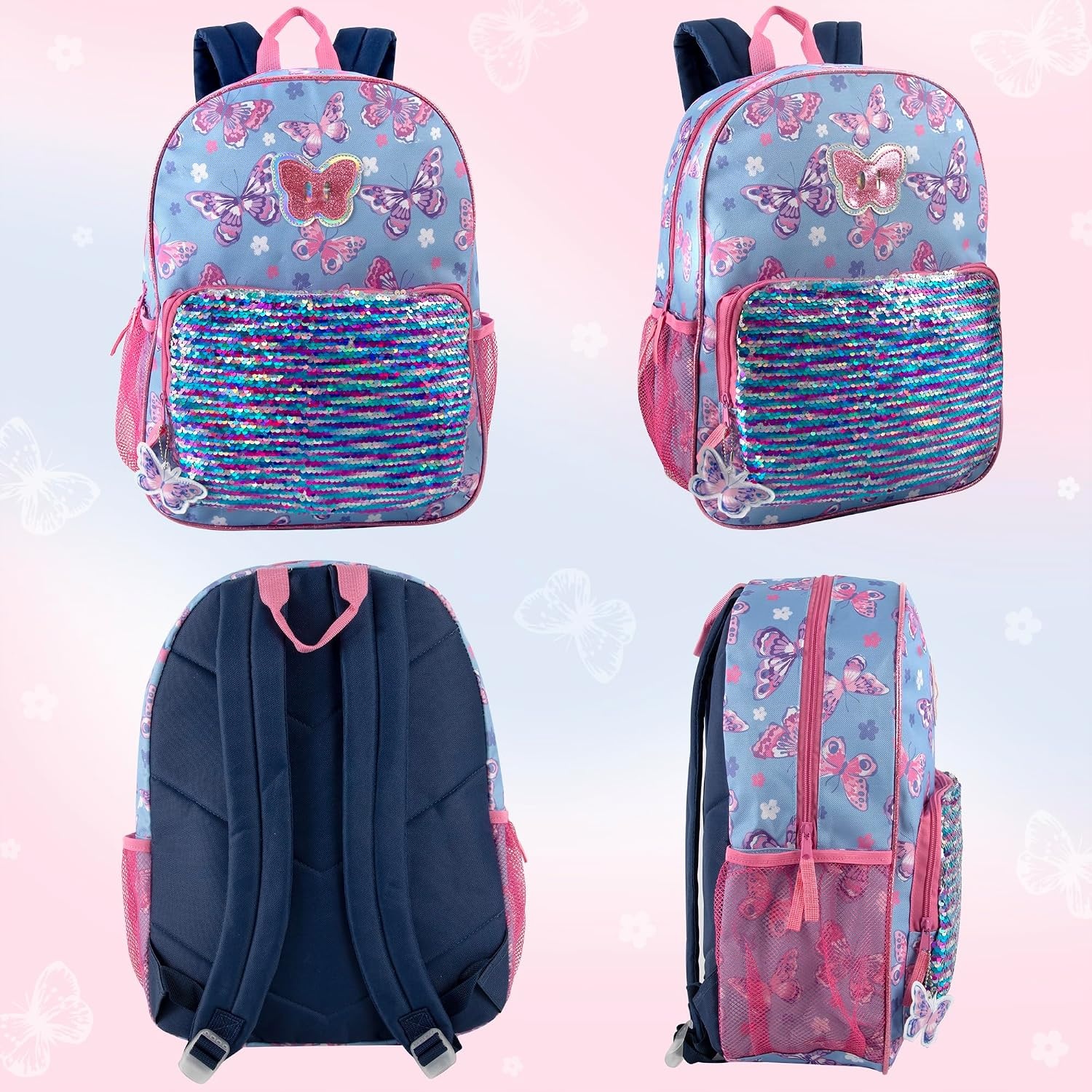Trail maker 16.5 Inch Boys School Backpack 6 in 1 Set with Lunch Bag, Pencil Case, Tech Pouch, Keychain, Carabiner Clip Attached (Ready Player) for Travel, Commute(Sequins & Butterflies)