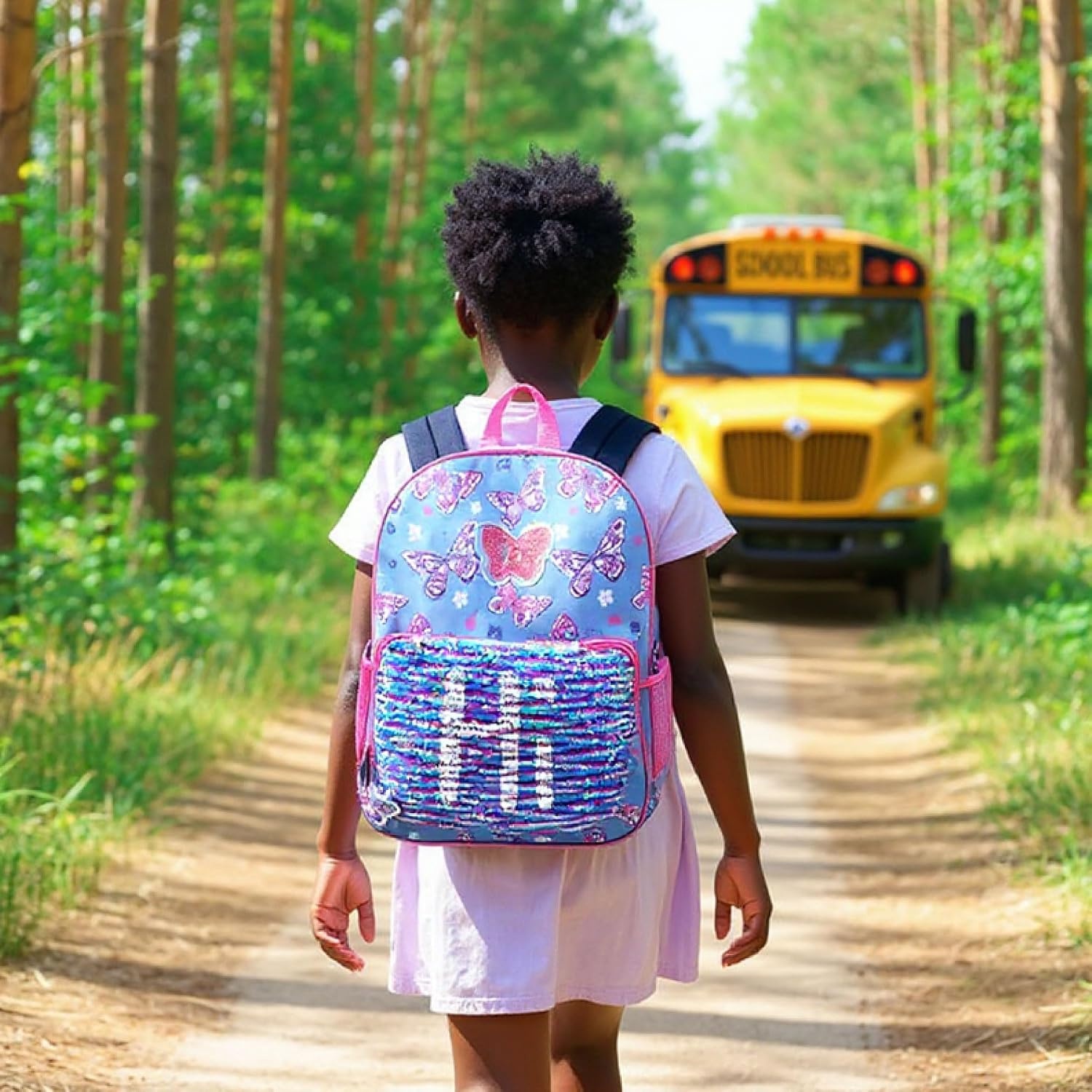 Trail maker 16.5 Inch Boys School Backpack 6 in 1 Set with Lunch Bag, Pencil Case, Tech Pouch, Keychain, Carabiner Clip Attached (Ready Player) for Travel, Commute(Sequins & Butterflies)