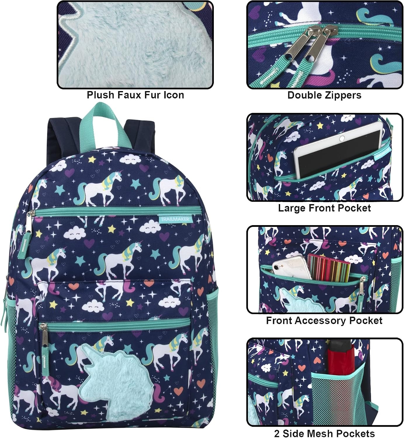 Trail maker 17 Kids Character School Backpacks Plush for Girls with Side Pockets, Padded Straps(Plush Prancing Unicorns)