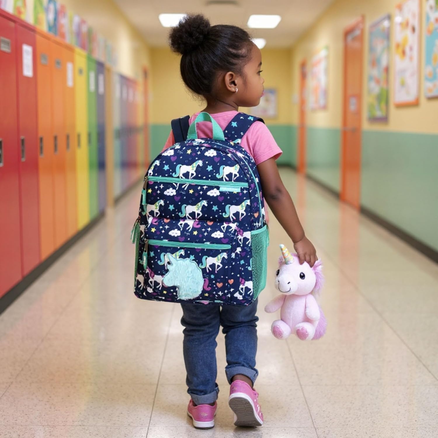Trail maker 17 Kids Character School Backpacks Plush for Girls with Side Pockets, Padded Straps(Plush Prancing Unicorns)