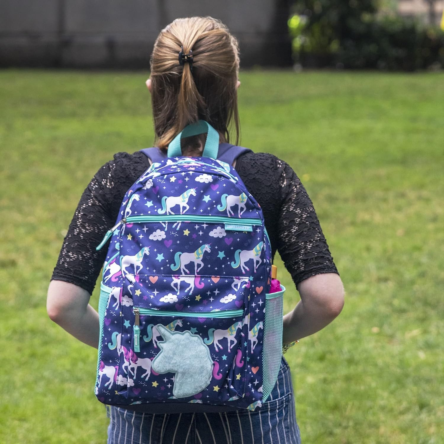 Trail maker 17 Kids Character School Backpacks Plush for Girls with Side Pockets, Padded Straps(Plush Prancing Unicorns)