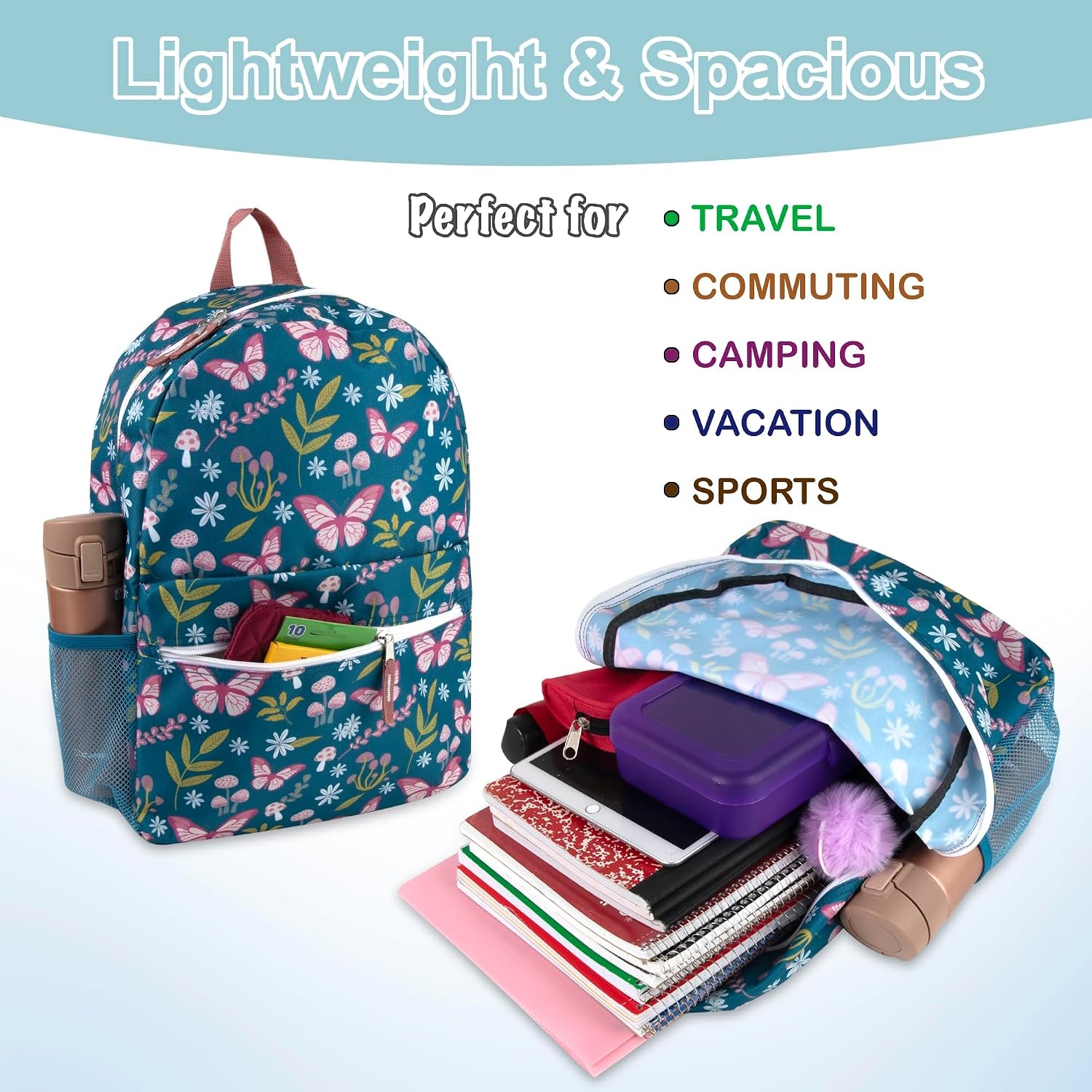 Trail maker 17 inch Backpack for Travel & Commute, Zippered Front & Mesh Side Pockets, Padded Straps(Butterfly Garden)