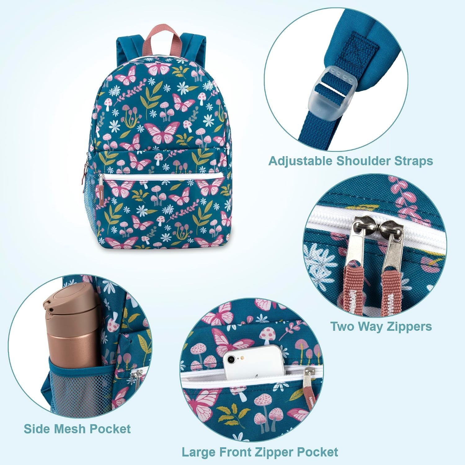 Trail maker 17 inch Backpack for Travel & Commute, Zippered Front & Mesh Side Pockets, Padded Straps(Butterfly Garden)