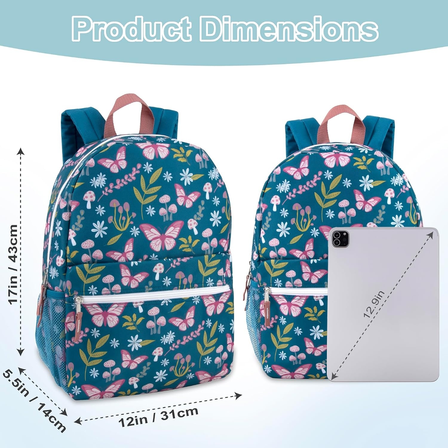 Trail maker 17 inch Backpack for Travel & Commute, Zippered Front & Mesh Side Pockets, Padded Straps(Butterfly Garden)