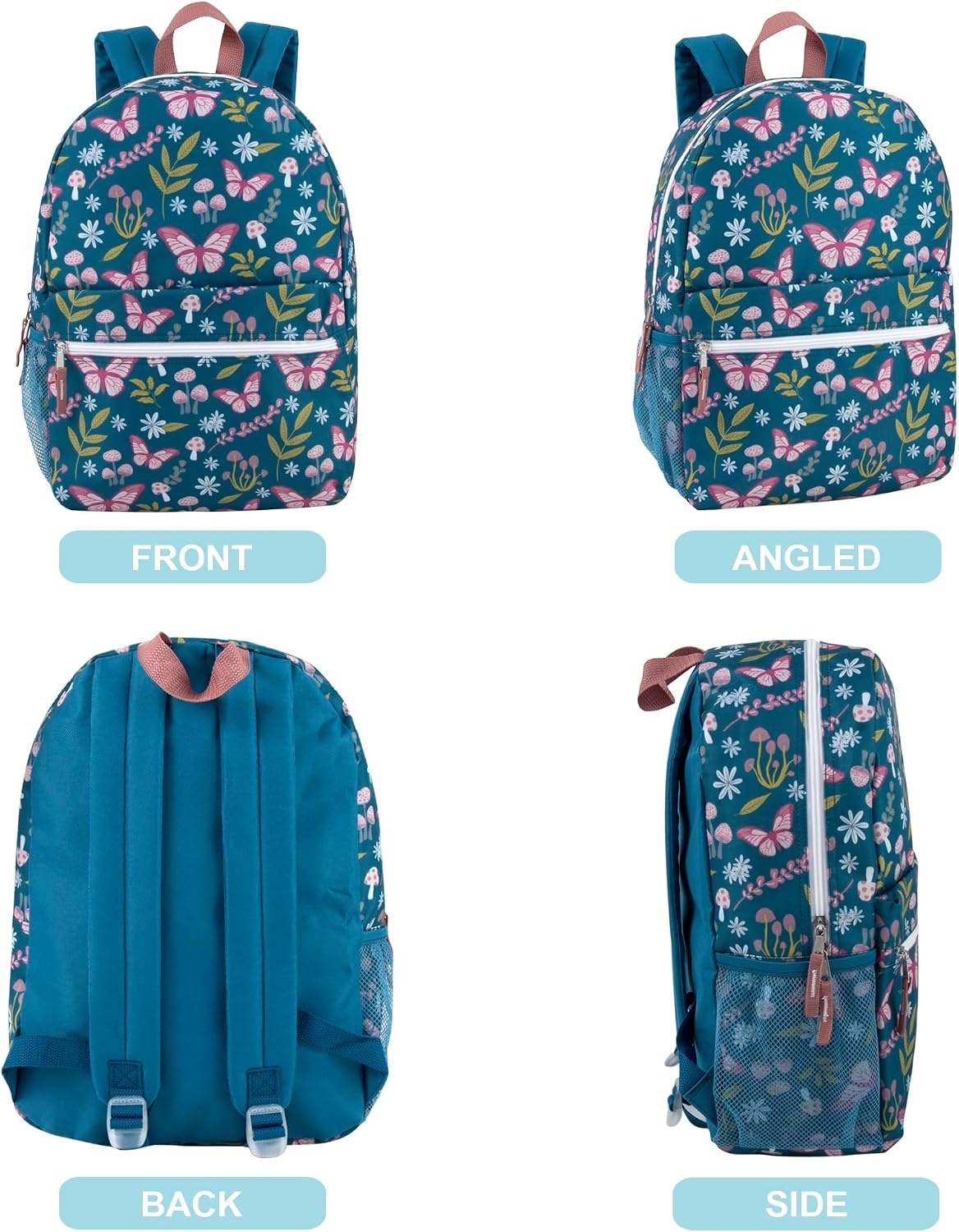 Trail maker 17 inch Backpack for Travel & Commute, Zippered Front & Mesh Side Pockets, Padded Straps(Butterfly Garden)