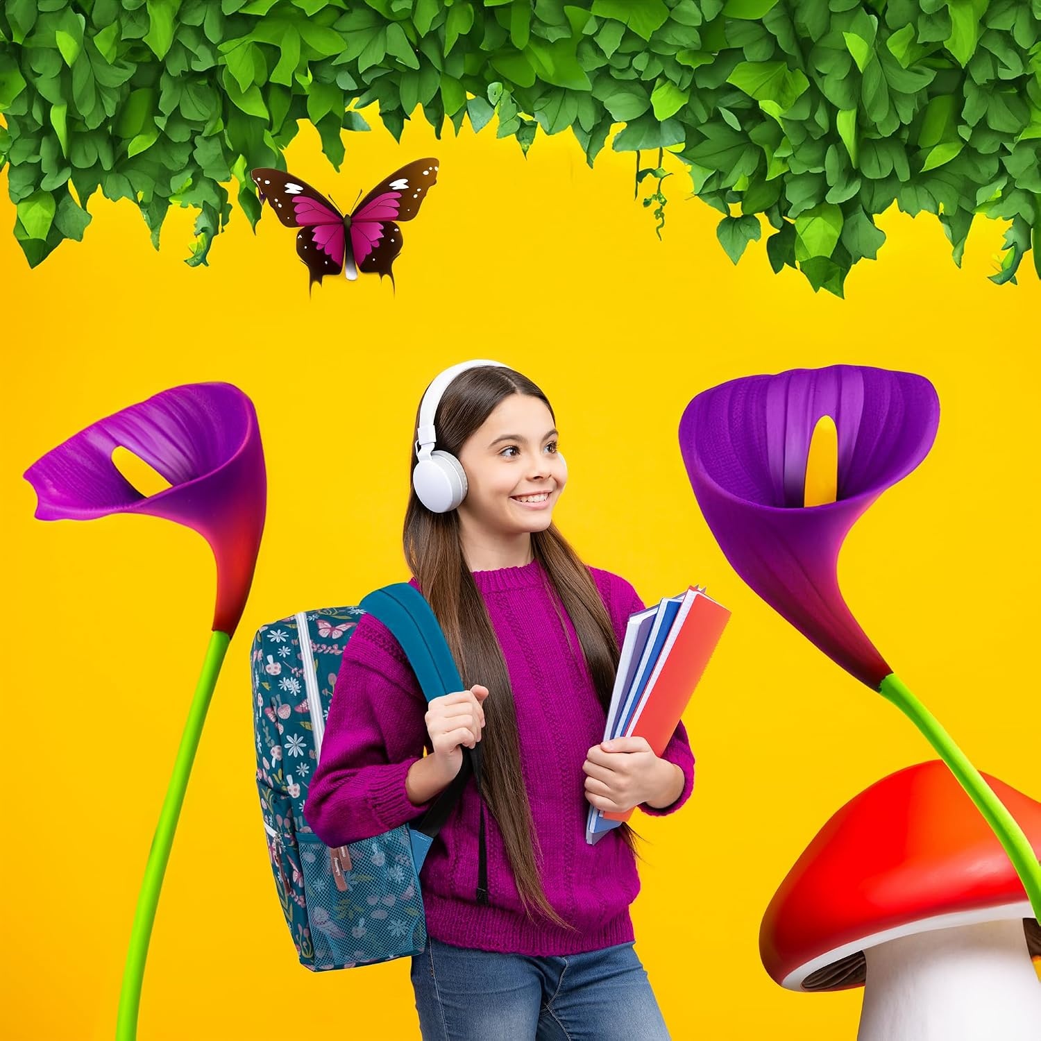 Trail maker 17 inch Backpack for Travel & Commute, Zippered Front & Mesh Side Pockets, Padded Straps(Butterfly Garden)
