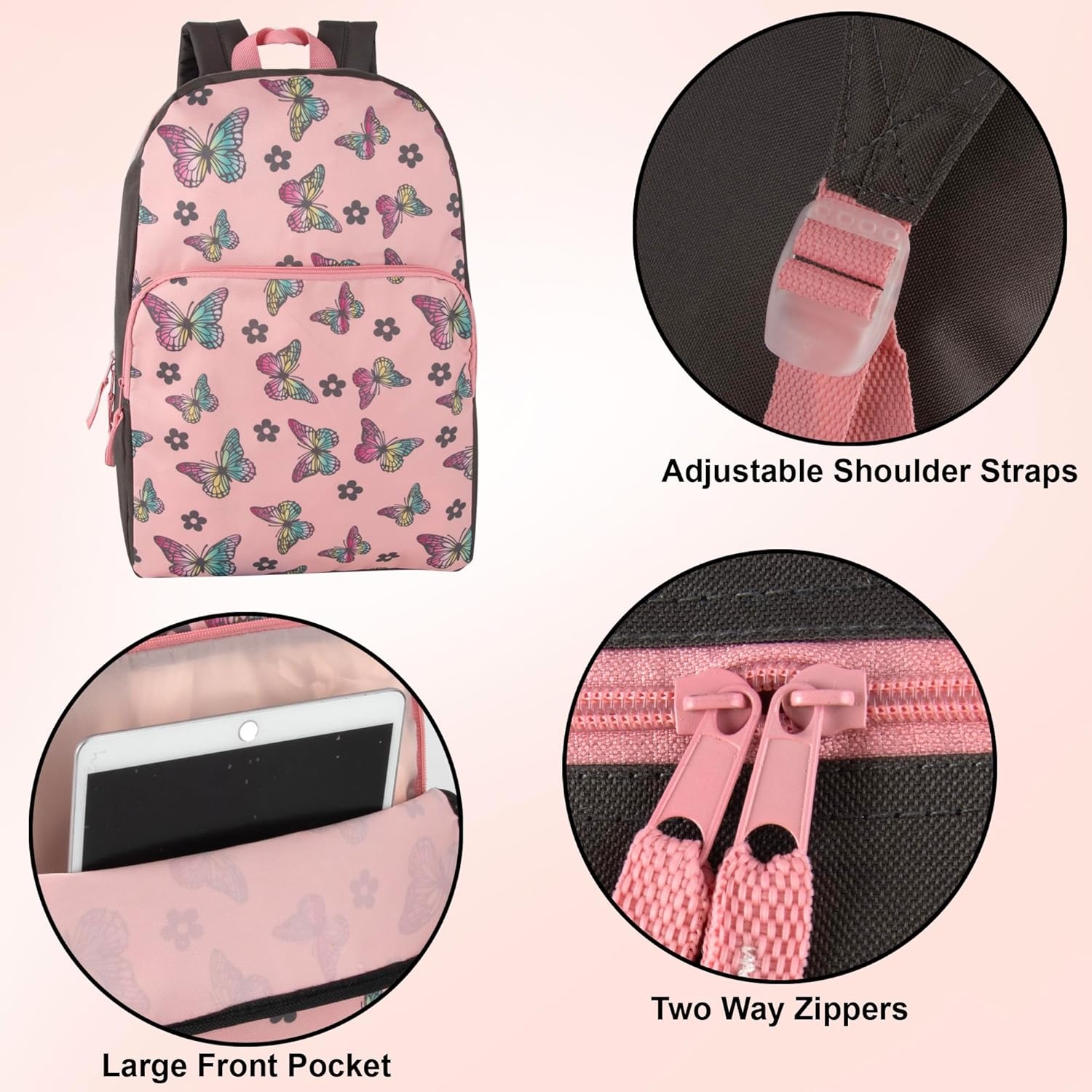 Trail maker Fun School Backpack for Elementary Middle School Girls and Boys | 17 Inch Printed Backpacks for School Kids, Travel (Pretty Pink Flowers)(Big Bold Butterflies)