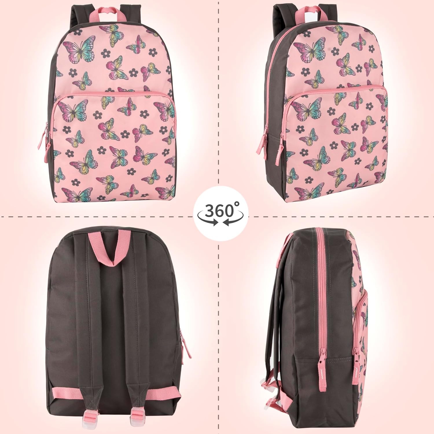 Trail maker Fun School Backpack for Elementary Middle School Girls and Boys | 17 Inch Printed Backpacks for School Kids, Travel (Pretty Pink Flowers)(Big Bold Butterflies)