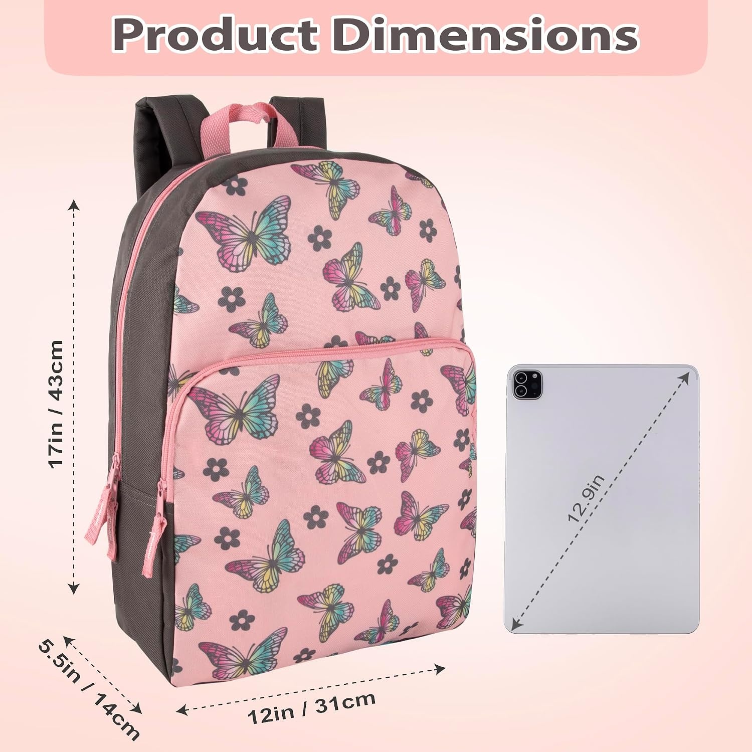 Trail maker Fun School Backpack for Elementary Middle School Girls and Boys | 17 Inch Printed Backpacks for School Kids, Travel (Pretty Pink Flowers)(Big Bold Butterflies)