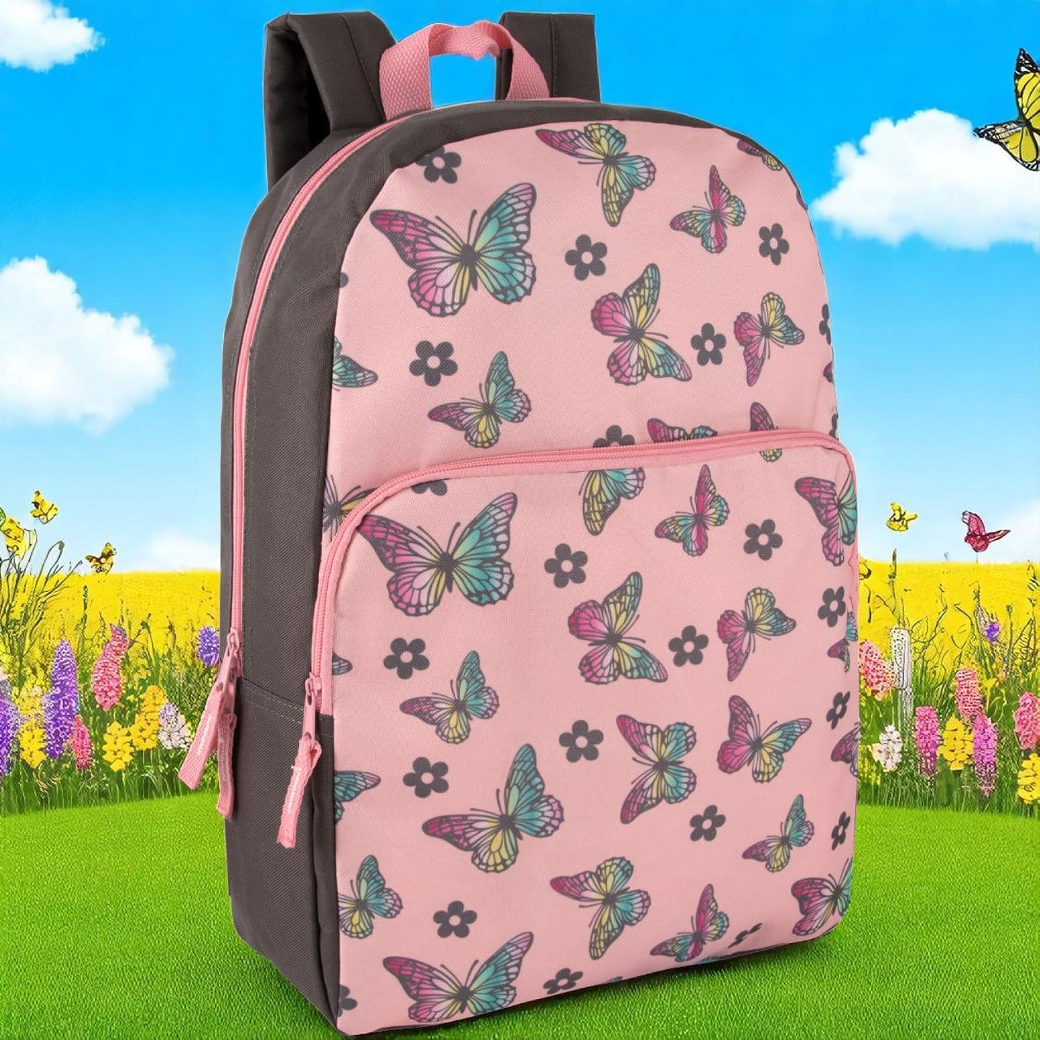 Trail maker Fun School Backpack for Elementary Middle School Girls and Boys | 17 Inch Printed Backpacks for School Kids, Travel (Pretty Pink Flowers)(Big Bold Butterflies)