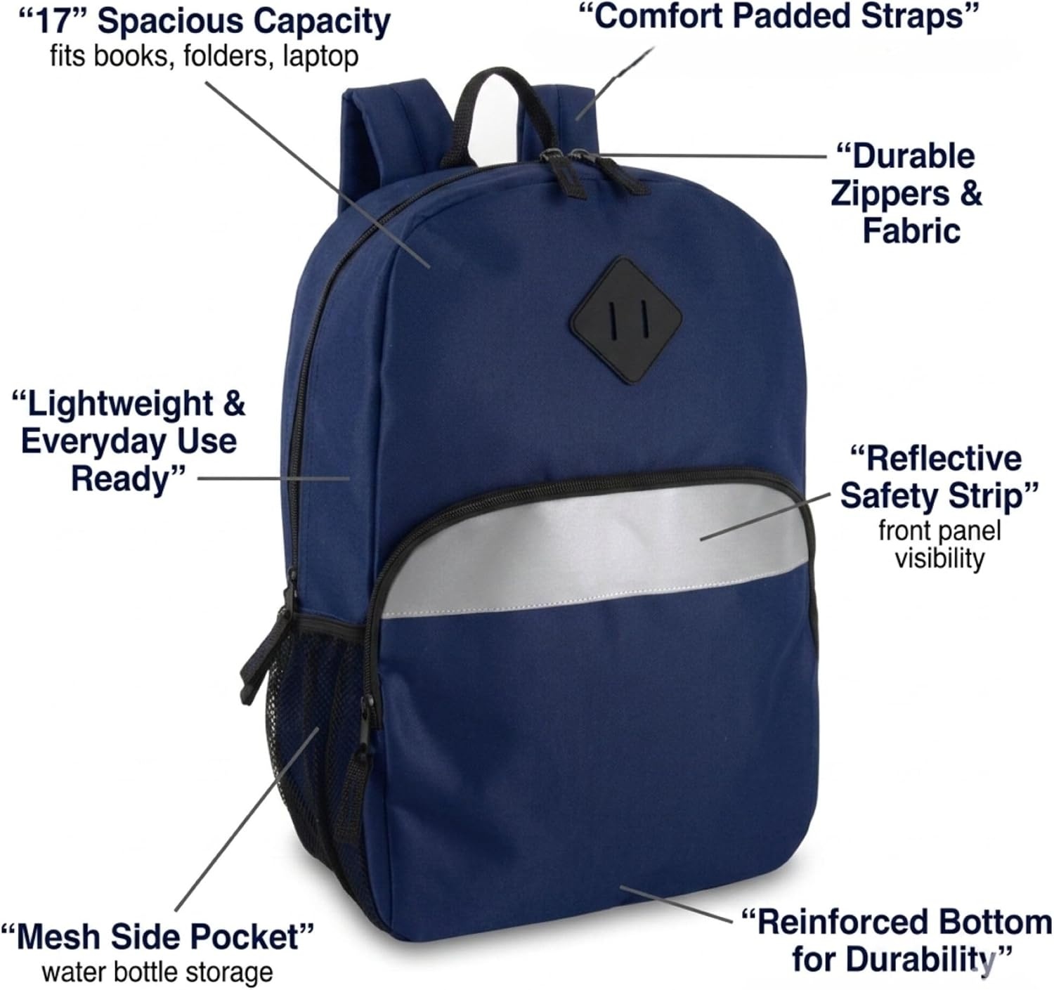 Trail maker 17″ Backpack – Reflective School Backpack with Padded Straps, Water Bottle Pockets for Kids & Adults, School Travel Camp (Green)(Navy)