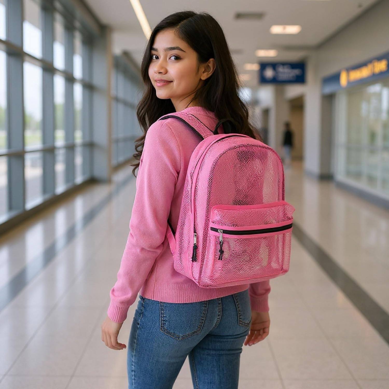 Transparent Mesh Backpacks for School Kids, Beach, Travel – Mesh See Through Backpack with Padded Straps Large(Pink)