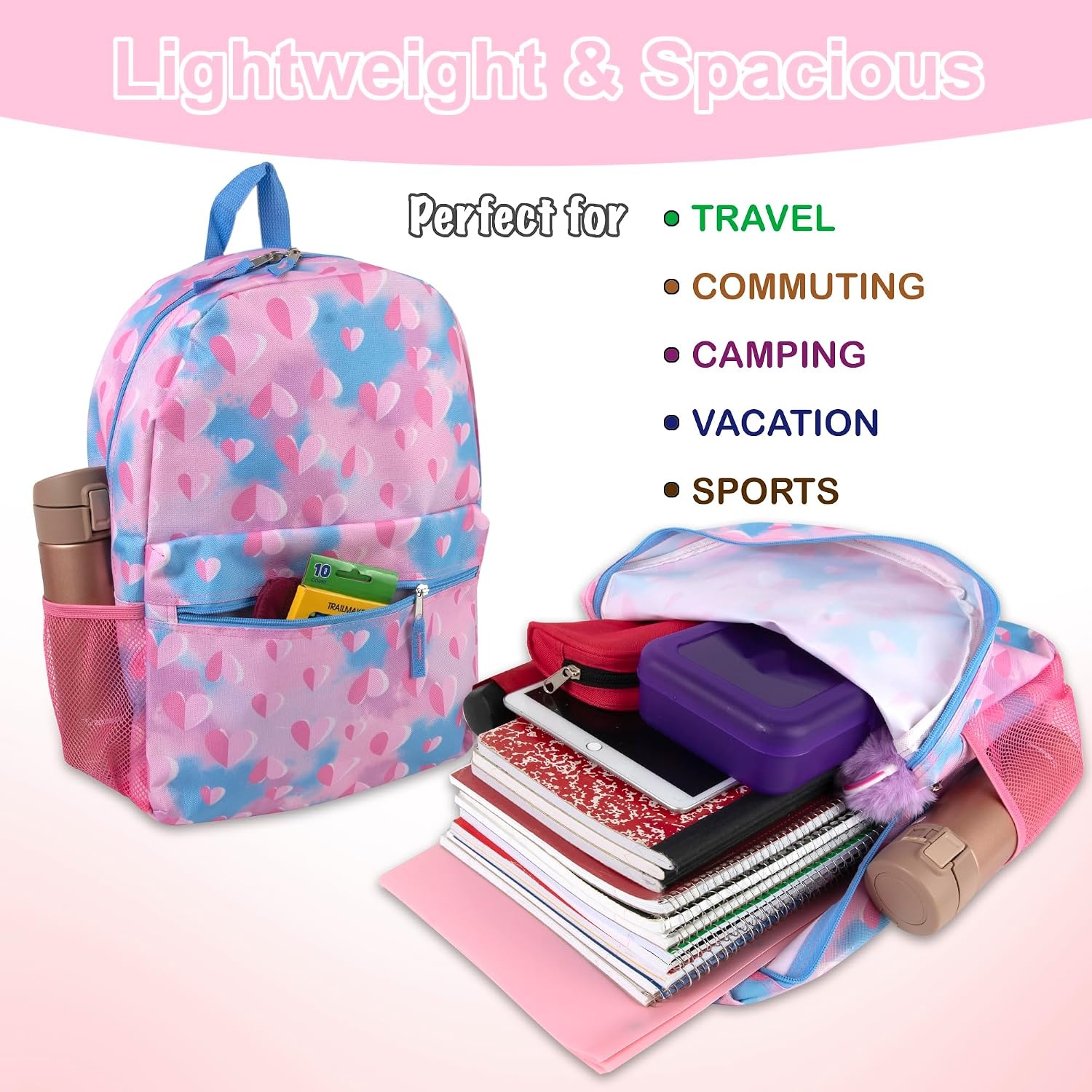 Trail maker 17 inch Backpack for Travel & Commute, Zippered Front & Mesh Side Pockets, Padded Straps(Loving Hearts)