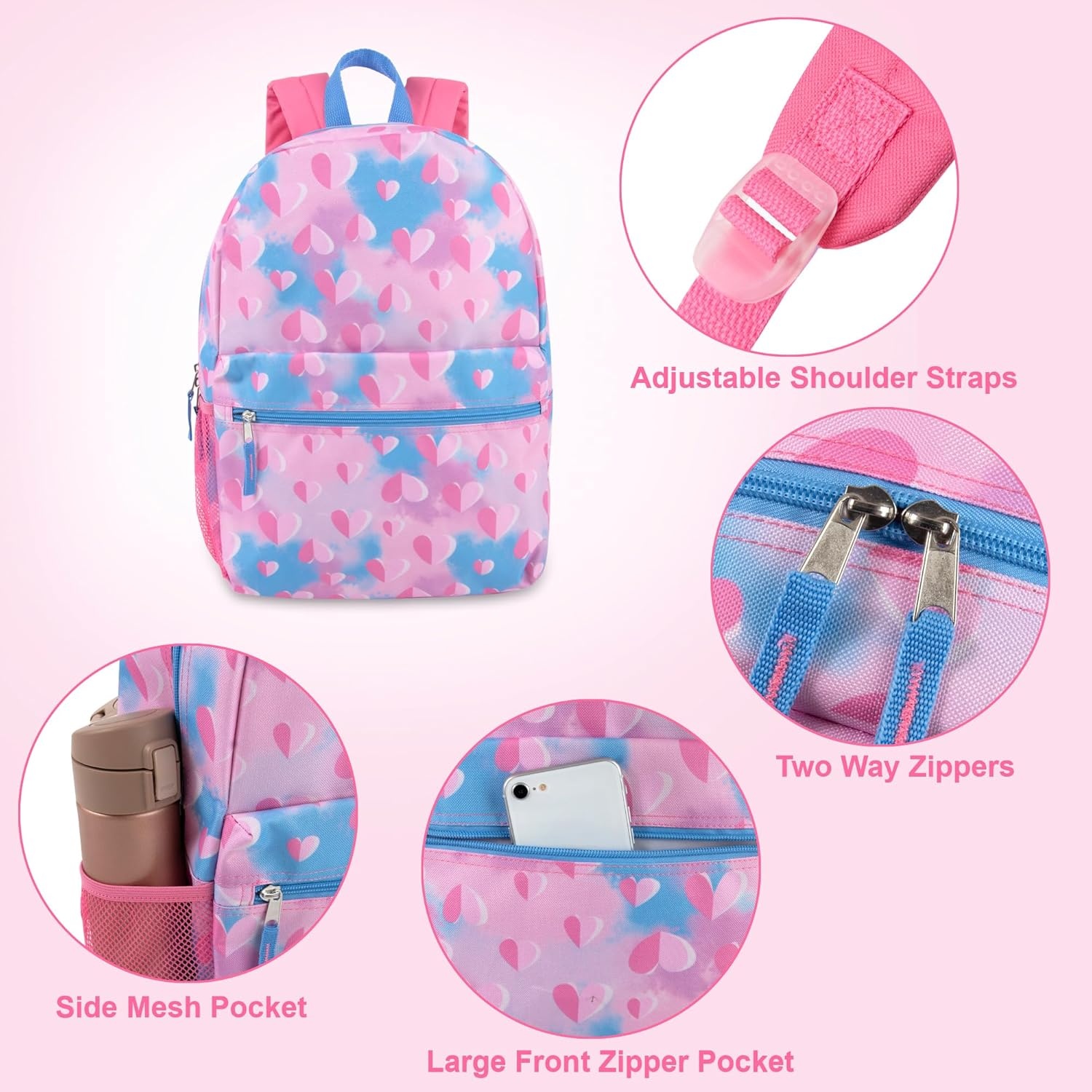 Trail maker 17 inch Backpack for Travel & Commute, Zippered Front & Mesh Side Pockets, Padded Straps(Loving Hearts)