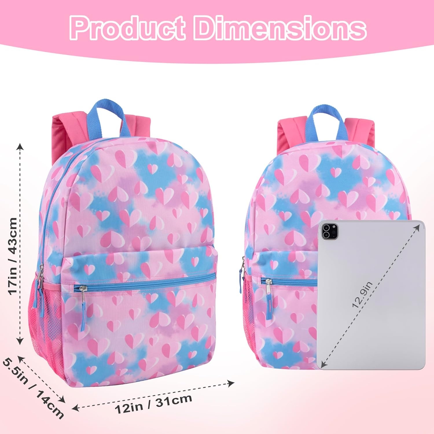 Trail maker 17 inch Backpack for Travel & Commute, Zippered Front & Mesh Side Pockets, Padded Straps(Loving Hearts)