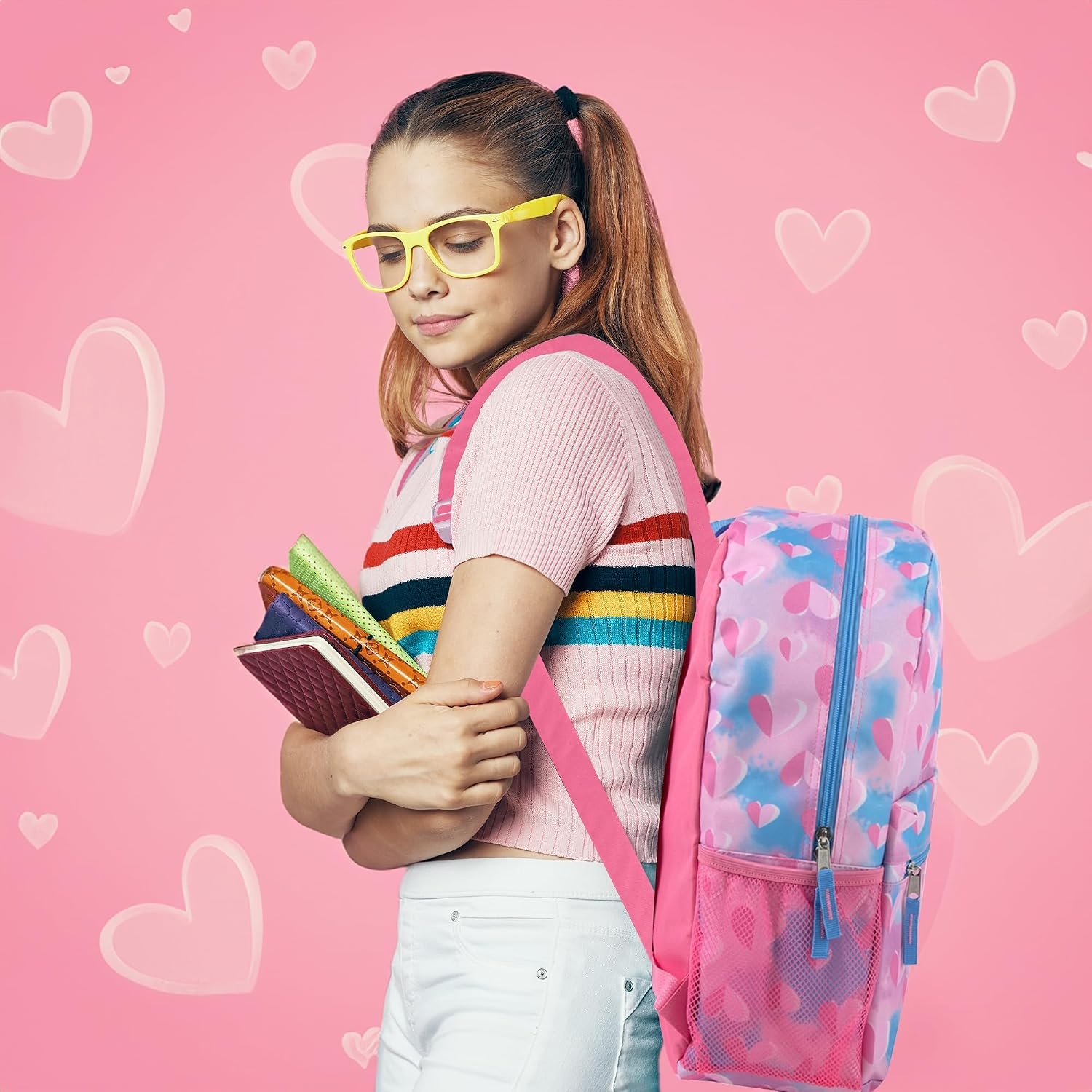 Trail maker 17 inch Backpack for Travel & Commute, Zippered Front & Mesh Side Pockets, Padded Straps(Loving Hearts)