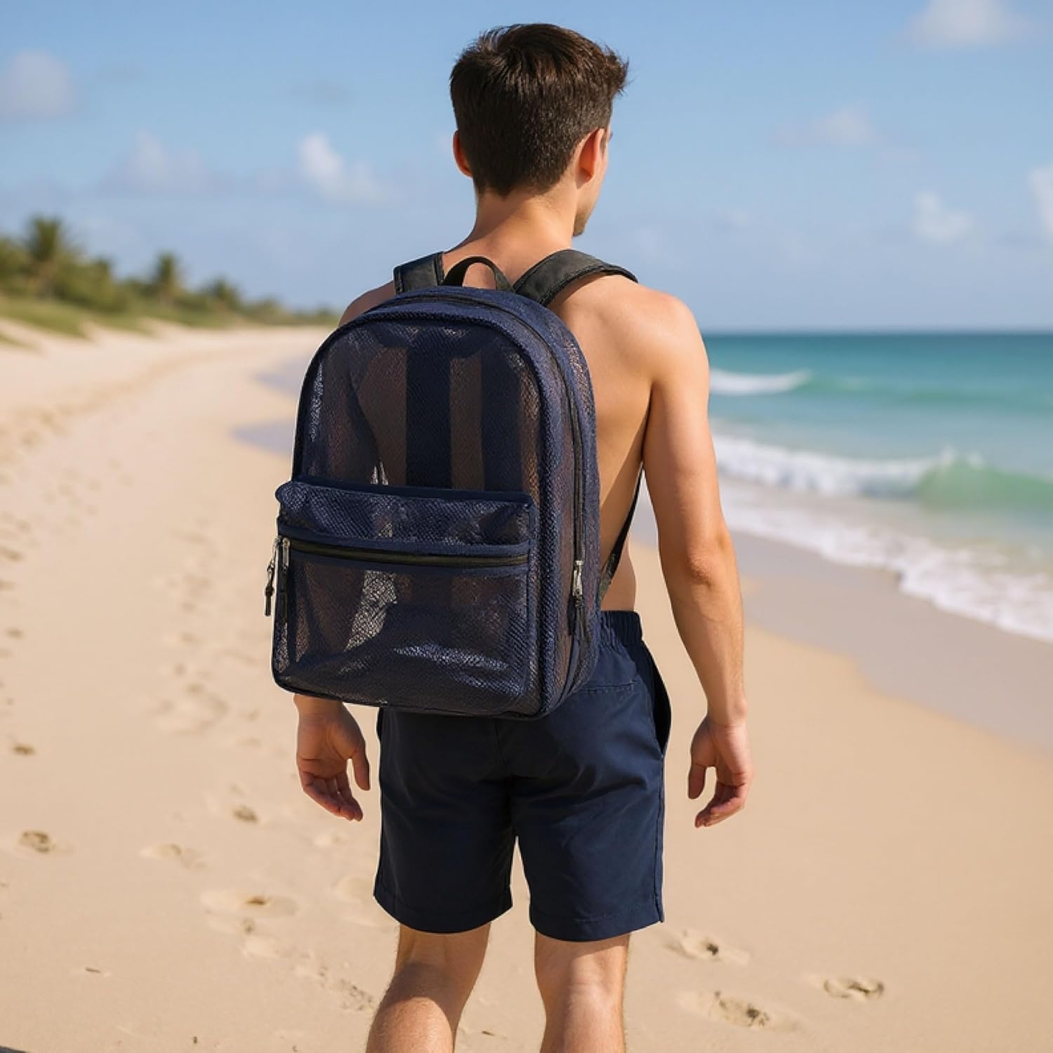 Transparent Mesh Backpacks for School Kids, Beach, Travel – Mesh See Through Backpack with Padded Straps Large(Blue)