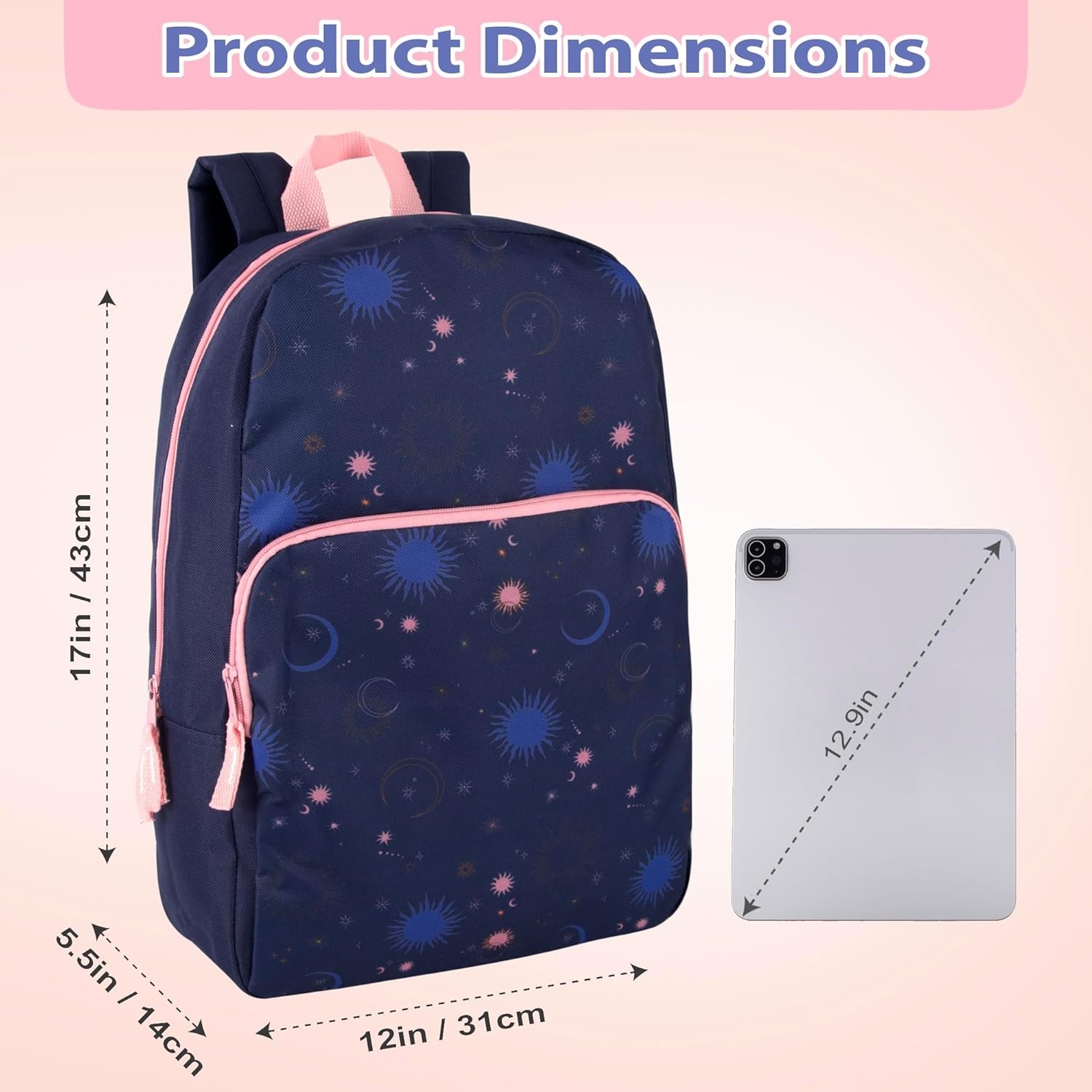 Trail maker Fun School Backpack for Elementary Middle School Girls and Boys | 17 Inch Printed Backpacks for School Kids, Travel (Pretty Pink Flowers)(Twilight Twirls)