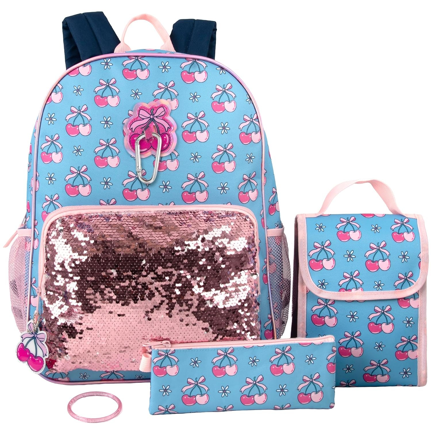 Trail maker 16.5 Inch Boys School Backpack 6 in 1 Set with Lunch Bag, Pencil Case, Tech Pouch, Keychain, Carabiner Clip Attached (Ready Player) for Travel, Commute(Cherries & Sequins)