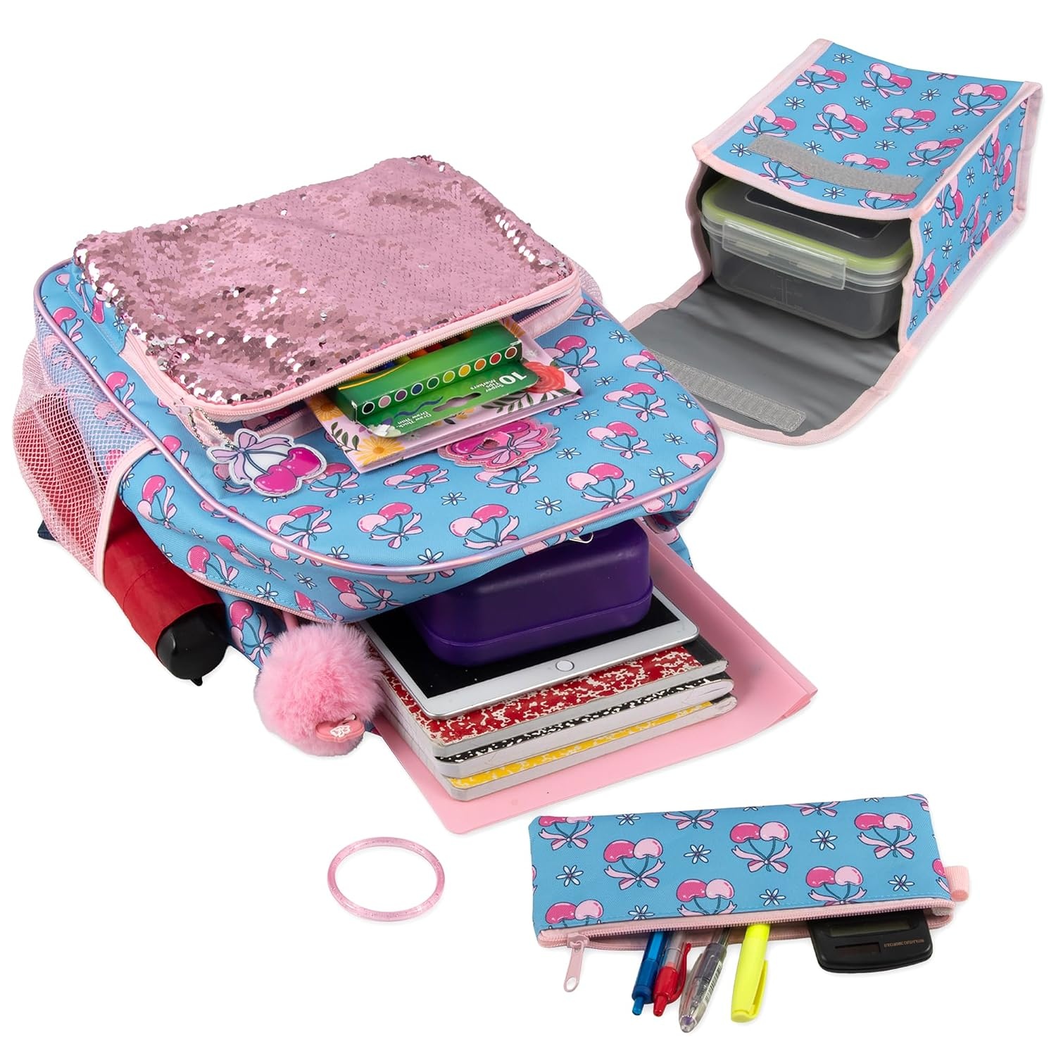 Trail maker 16.5 Inch Boys School Backpack 6 in 1 Set with Lunch Bag, Pencil Case, Tech Pouch, Keychain, Carabiner Clip Attached (Ready Player) for Travel, Commute(Cherries & Sequins)
