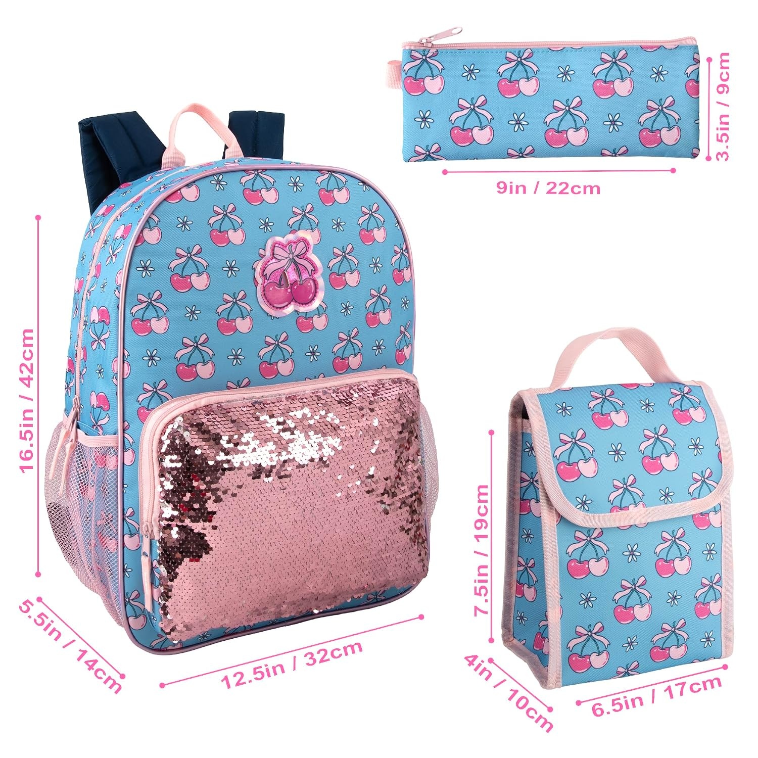 Trail maker 16.5 Inch Boys School Backpack 6 in 1 Set with Lunch Bag, Pencil Case, Tech Pouch, Keychain, Carabiner Clip Attached (Ready Player) for Travel, Commute(Cherries & Sequins)