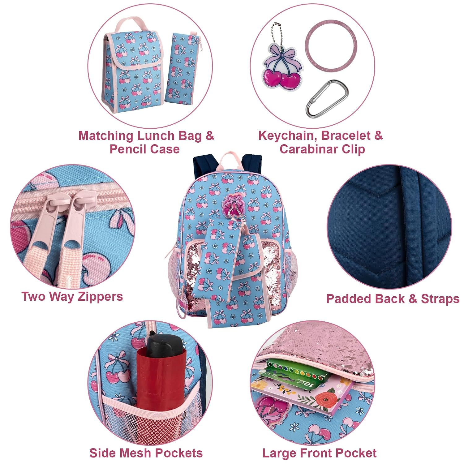 Trail maker 16.5 Inch Boys School Backpack 6 in 1 Set with Lunch Bag, Pencil Case, Tech Pouch, Keychain, Carabiner Clip Attached (Ready Player) for Travel, Commute(Cherries & Sequins)