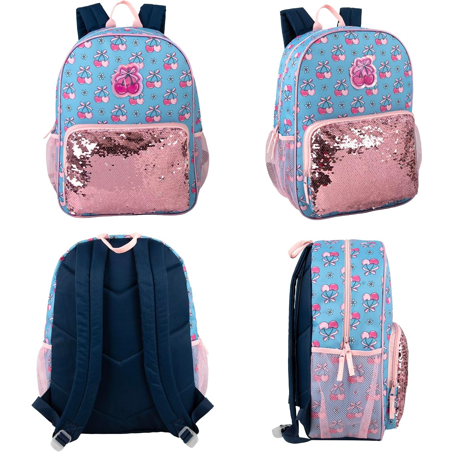 Trail maker 16.5 Inch Boys School Backpack 6 in 1 Set with Lunch Bag, Pencil Case, Tech Pouch, Keychain, Carabiner Clip Attached (Ready Player) for Travel, Commute(Cherries & Sequins)