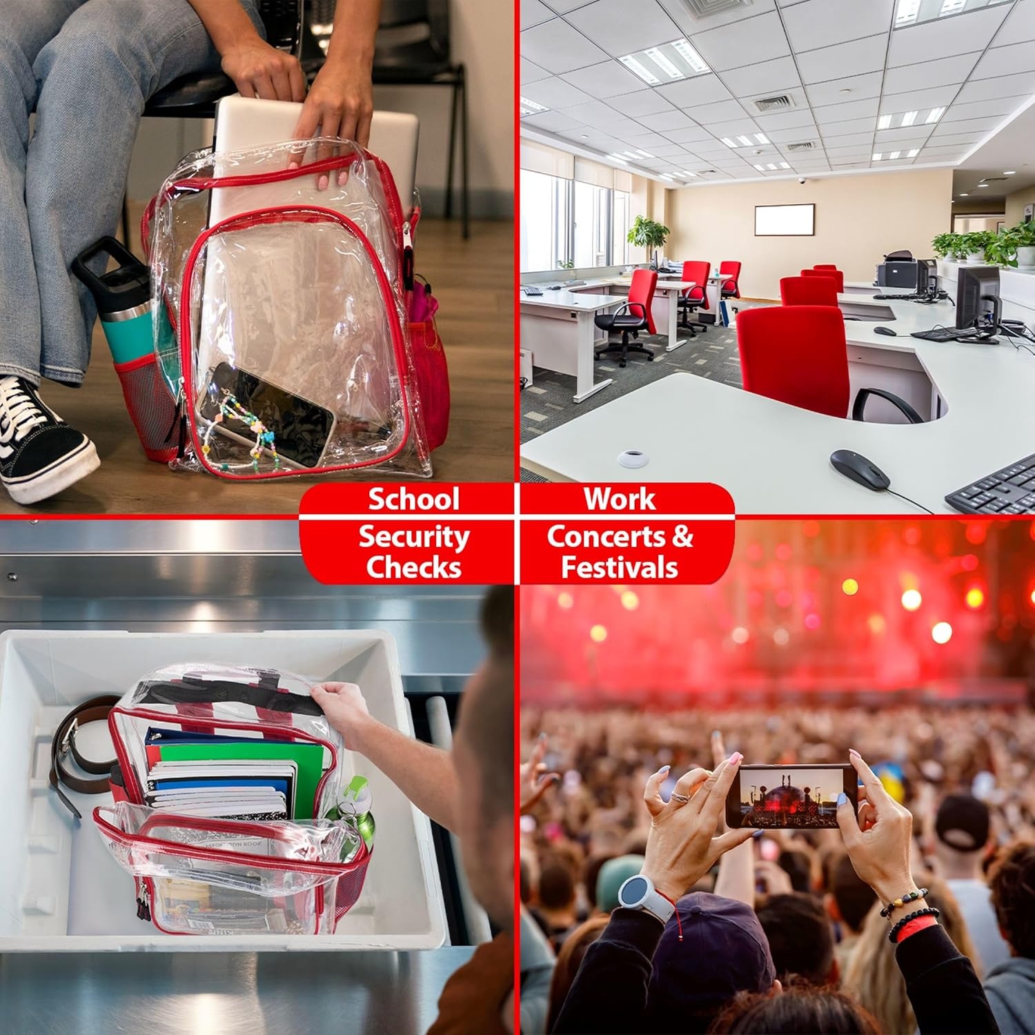 Heavy Duty Clear See Through Backpack | Transparent Clear Backpack Bags Stadium Approved for Women, Men, School, Travel(Red)