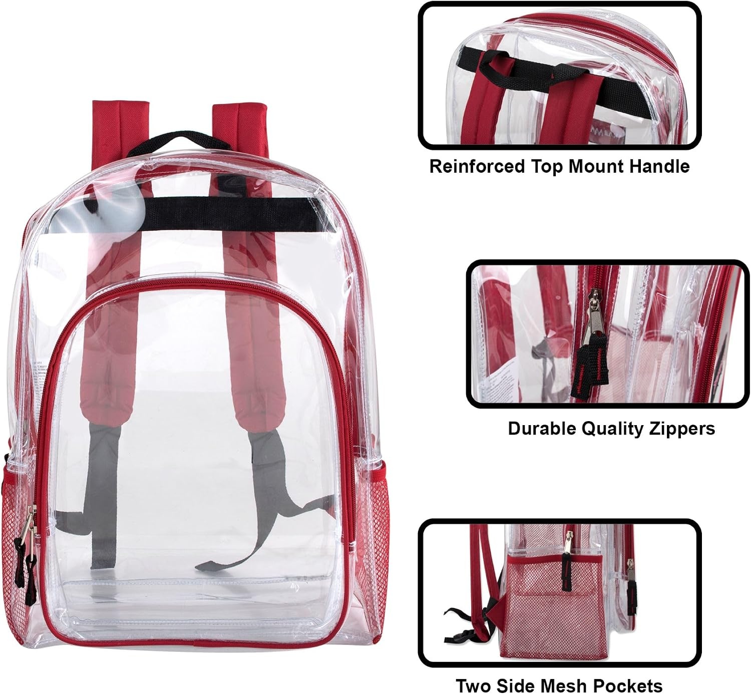 Heavy Duty Clear See Through Backpack | Transparent Clear Backpack Bags Stadium Approved for Women, Men, School, Travel(Red)