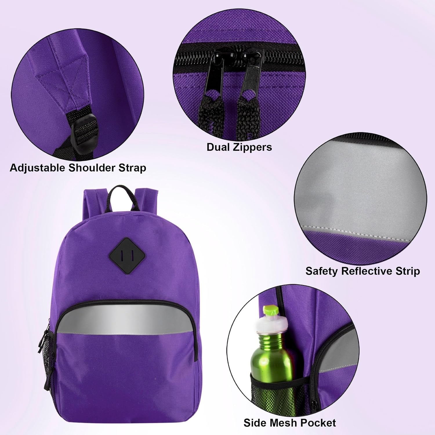 Trail maker 17″ Backpack – Reflective School Backpack with Padded Straps, Water Bottle Pockets for Kids & Adults, School Travel Camp (Green)(Purple)