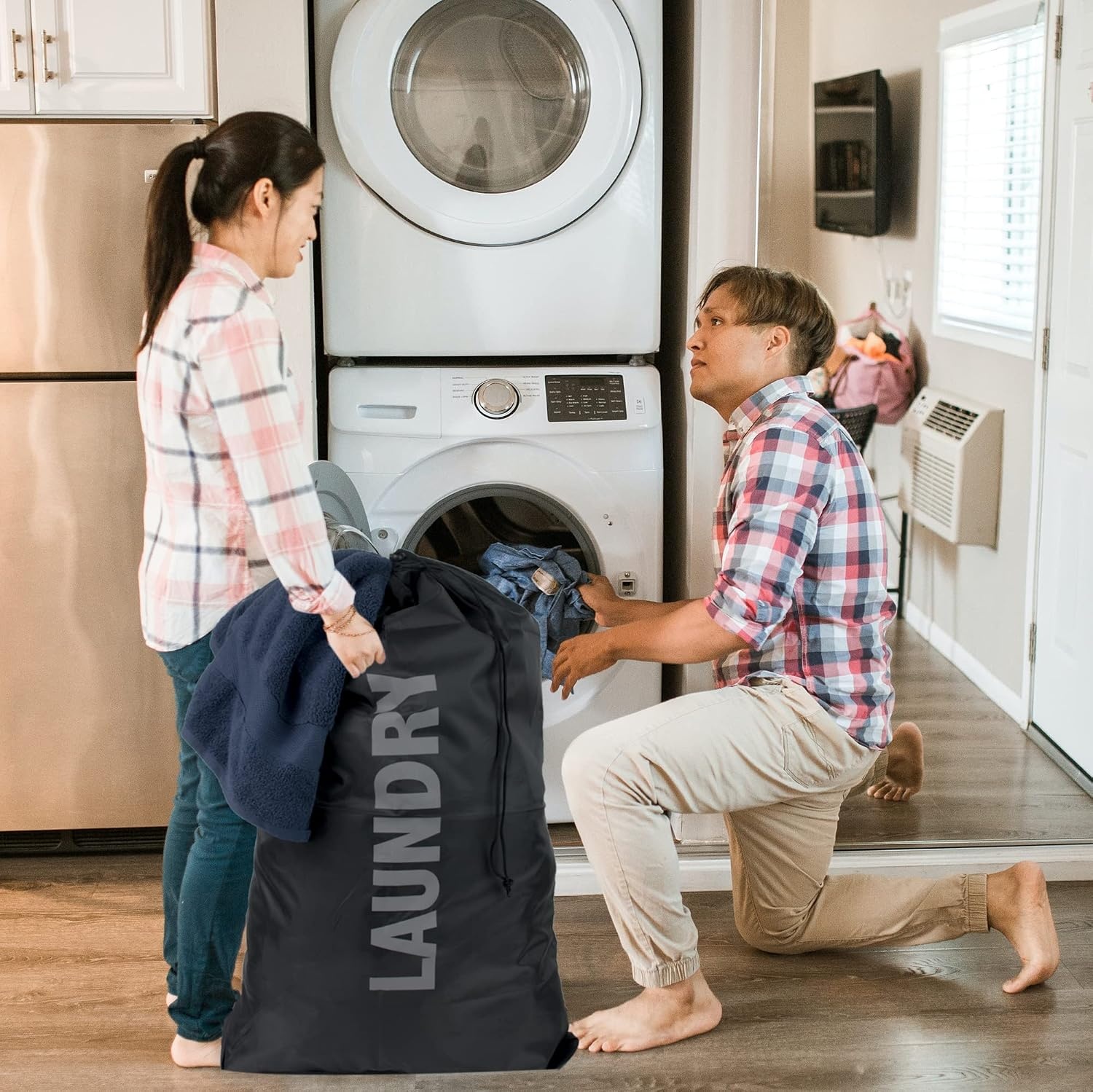 Washable Drawstring Laundry Bags 2 Pack Extra Large Heavy Duty College Dorm Dirty Laundry Clothes Travel Bag and Gym Clothes Bag for Guys and Girls (Turquoise Wash Me)(Black Laundry)