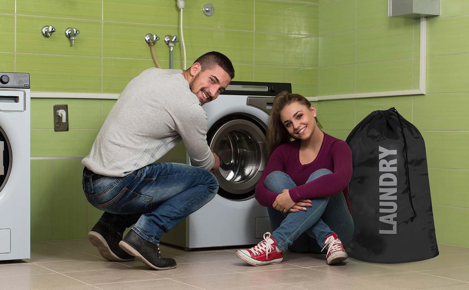 Washable Drawstring Laundry Bags 2 Pack Extra Large Heavy Duty College Dorm Dirty Laundry Clothes Travel Bag and Gym Clothes Bag for Guys and Girls (Turquoise Wash Me)(Black Laundry)