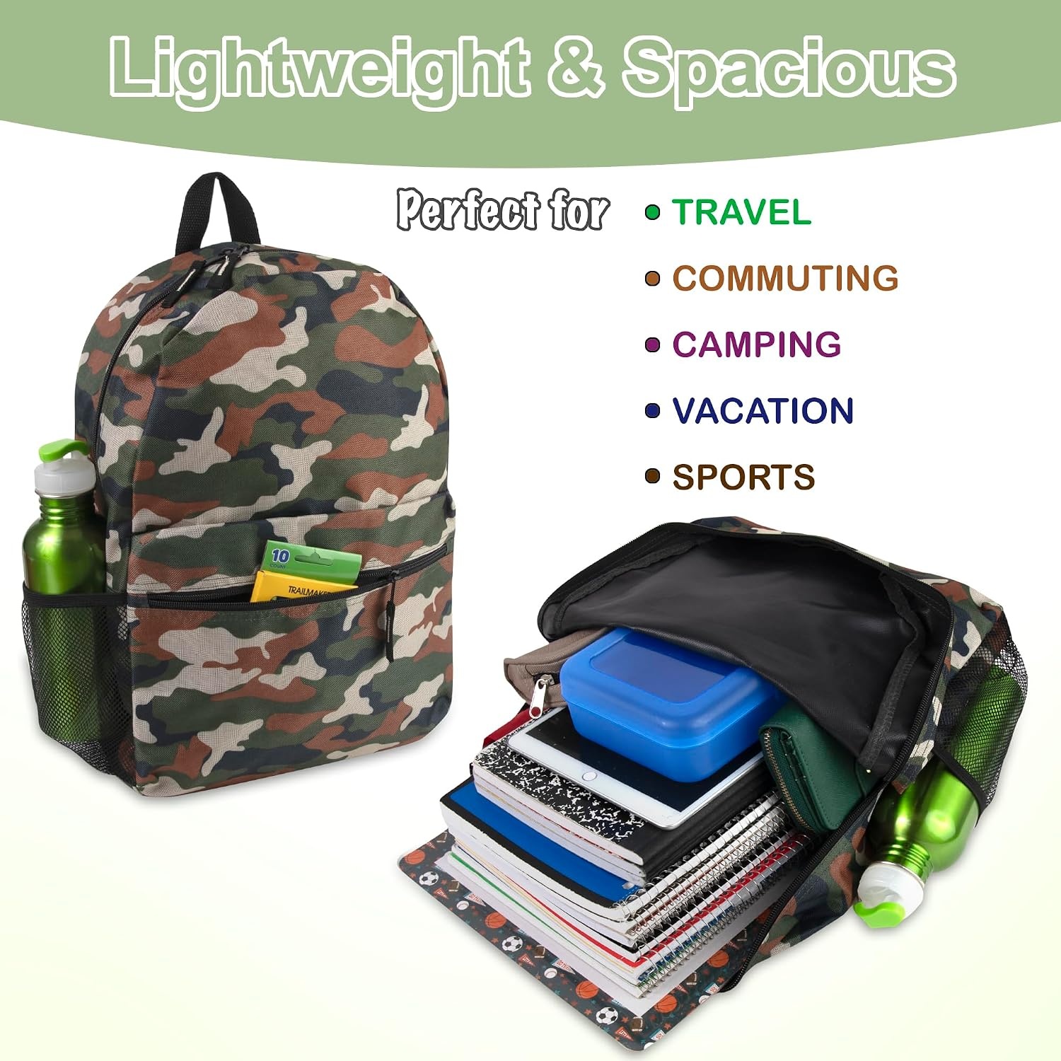 Trail maker 17 inch Backpack for Travel & Commute, Zippered Front & Mesh Side Pockets, Padded Straps(Camo Cool)