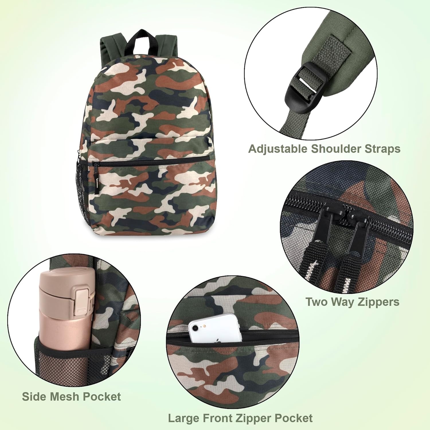 Trail maker 17 inch Backpack for Travel & Commute, Zippered Front & Mesh Side Pockets, Padded Straps(Camo Cool)