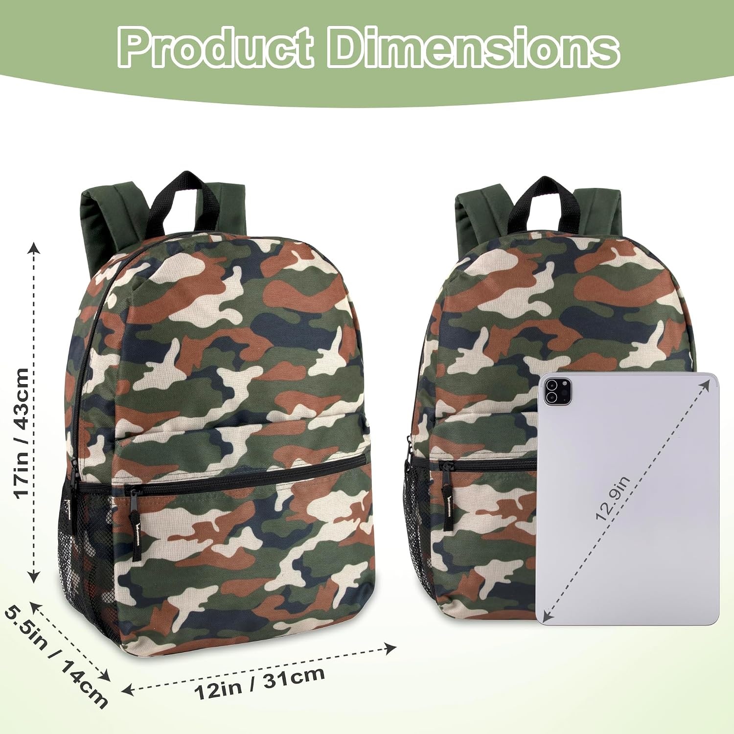 Trail maker 17 inch Backpack for Travel & Commute, Zippered Front & Mesh Side Pockets, Padded Straps(Camo Cool)