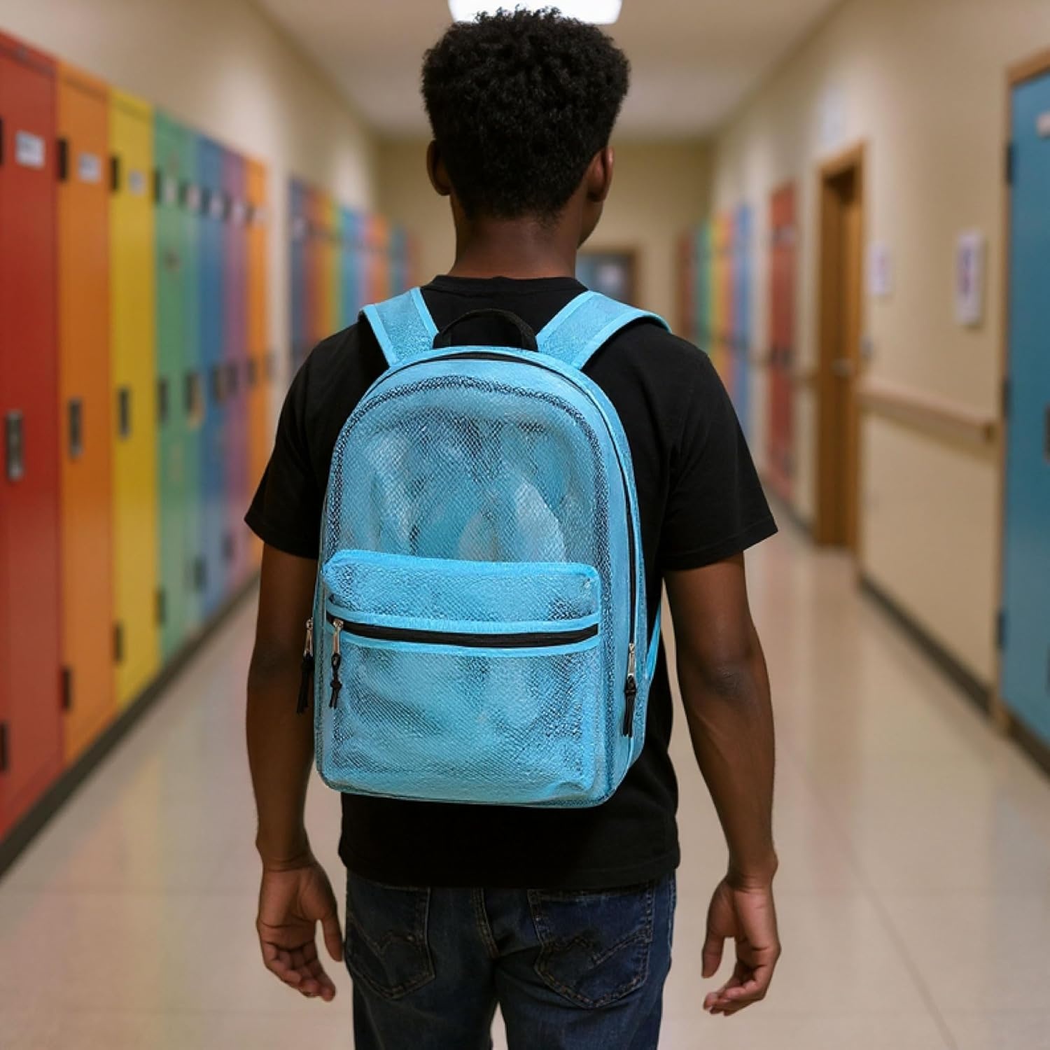 Transparent Mesh Backpacks for School Kids, Beach, Travel – Mesh See Through Backpack with Padded Straps Large(Light Blue)