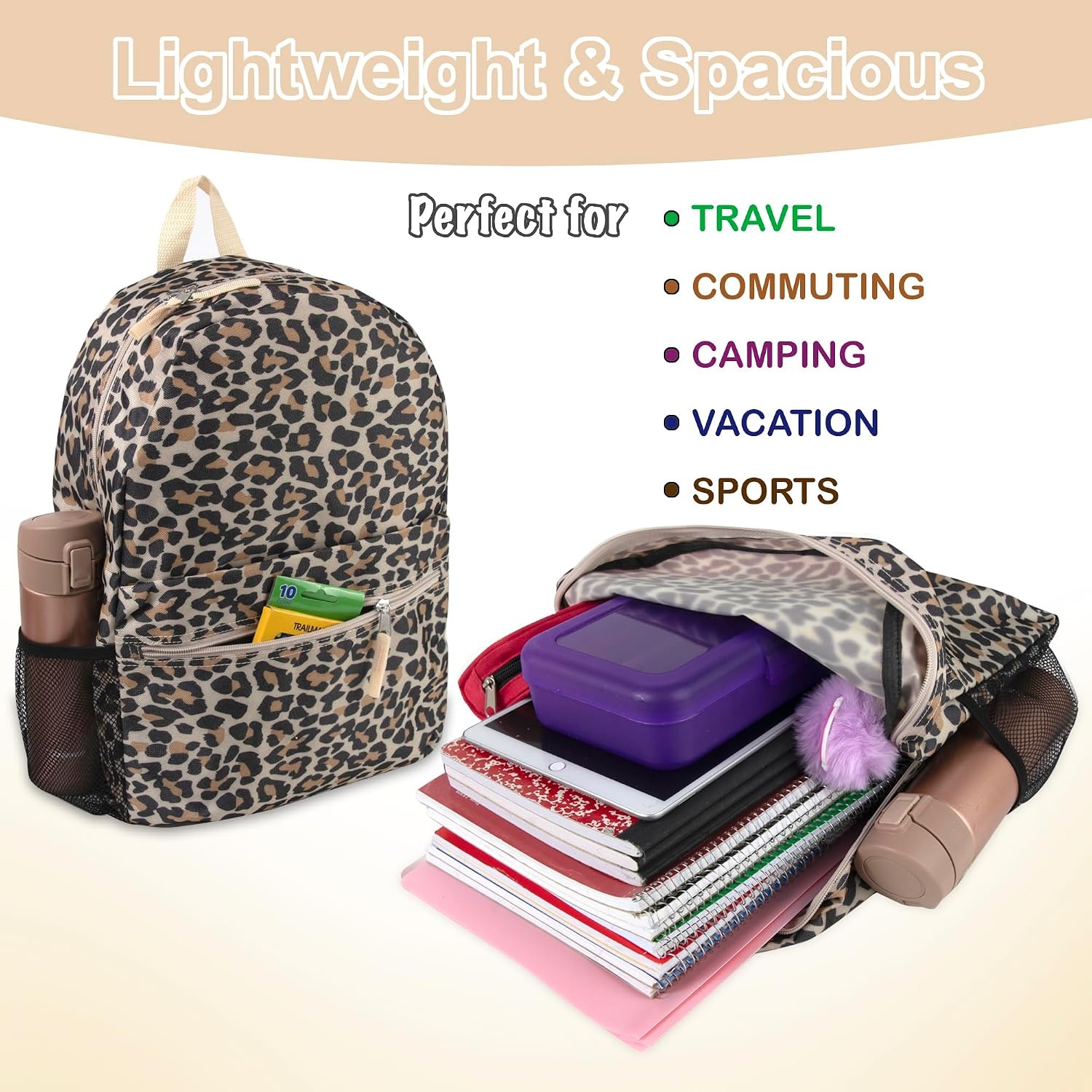 Trail maker 17 inch Backpack for Travel & Commute, Zippered Front & Mesh Side Pockets, Padded Straps(Lit Leopard)