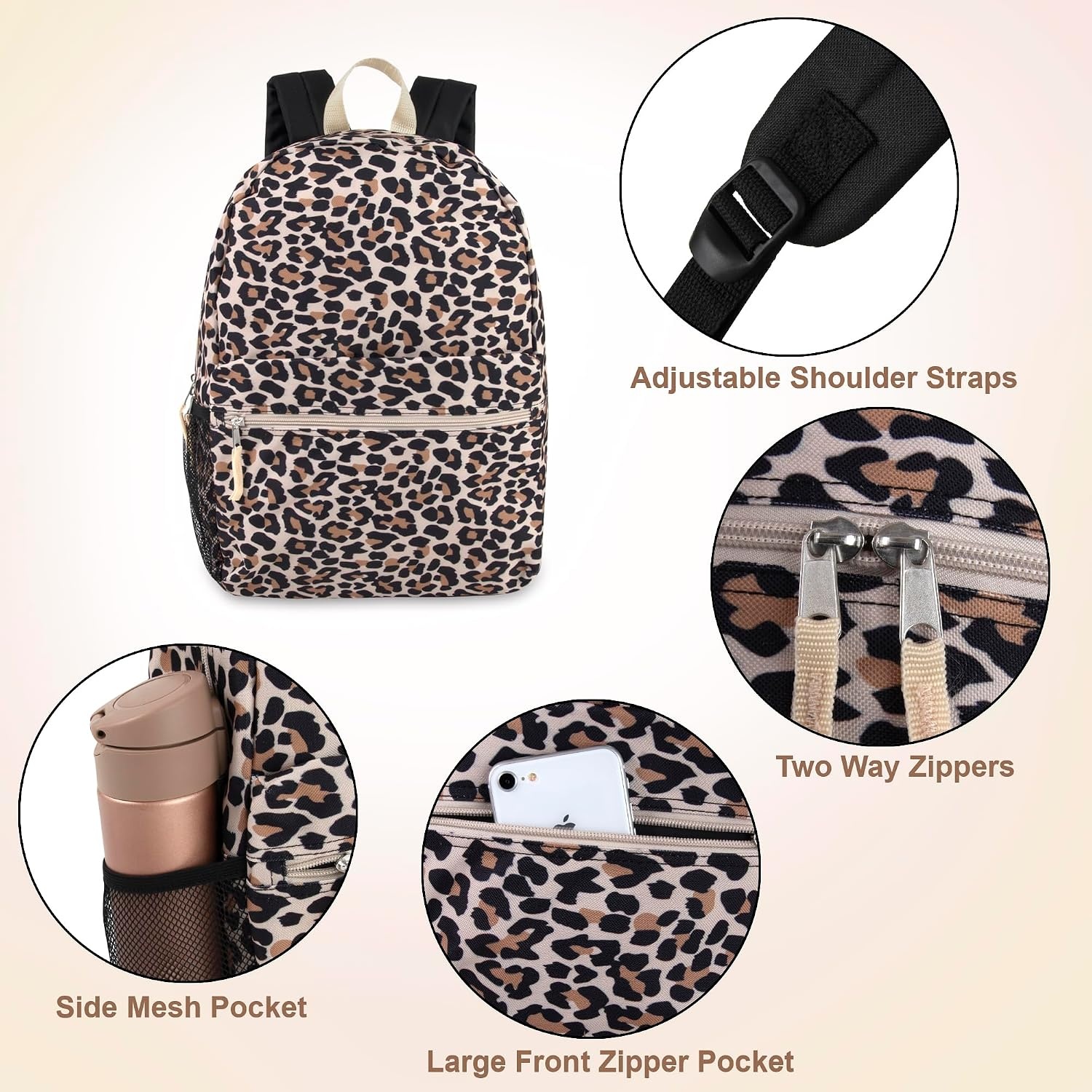 Trail maker 17 inch Backpack for Travel & Commute, Zippered Front & Mesh Side Pockets, Padded Straps(Lit Leopard)