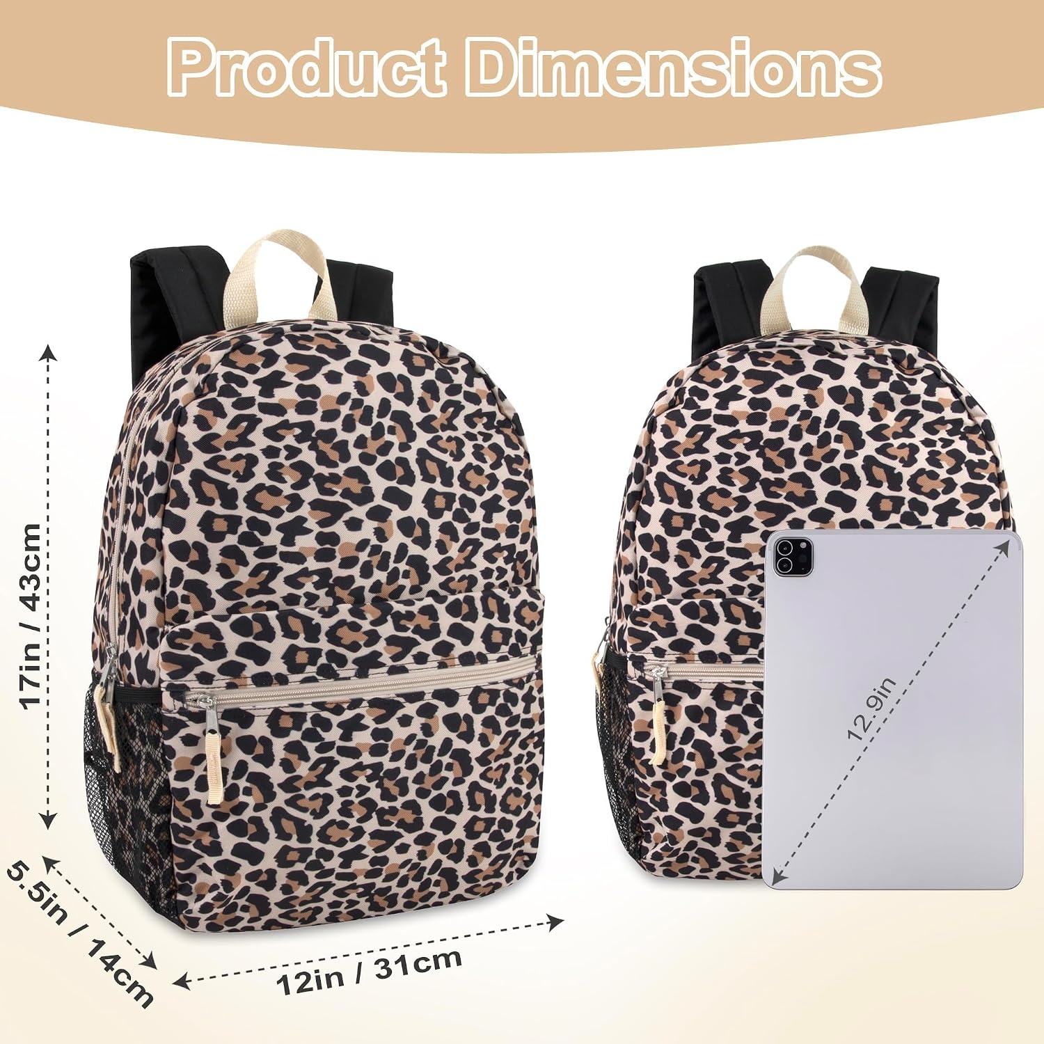 Trail maker 17 inch Backpack for Travel & Commute, Zippered Front & Mesh Side Pockets, Padded Straps(Lit Leopard)
