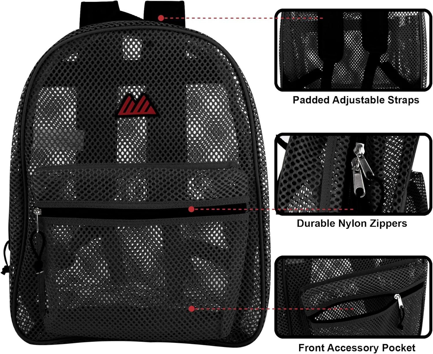 Summit Ridge Mesh Backpacks for Kids, Adults, School, Beach, and Travel, Colorful Transparent Mesh Backpacks with Padded Straps(Black)